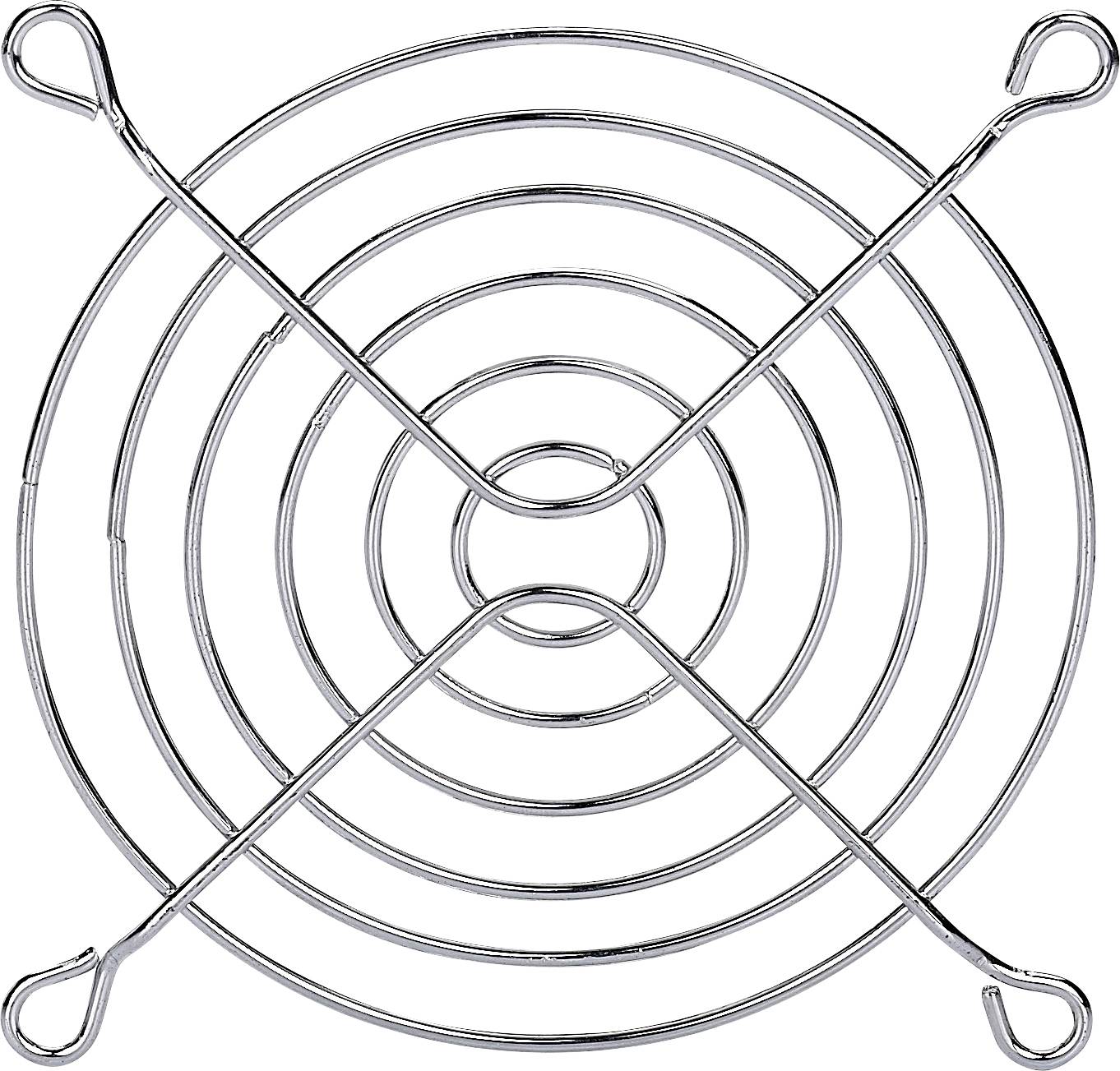 Tresse métallique, circulaire, avec des anneaux en spirale et quatre extrémités courbées, servant de grille de protection ou de support de refroidissement.