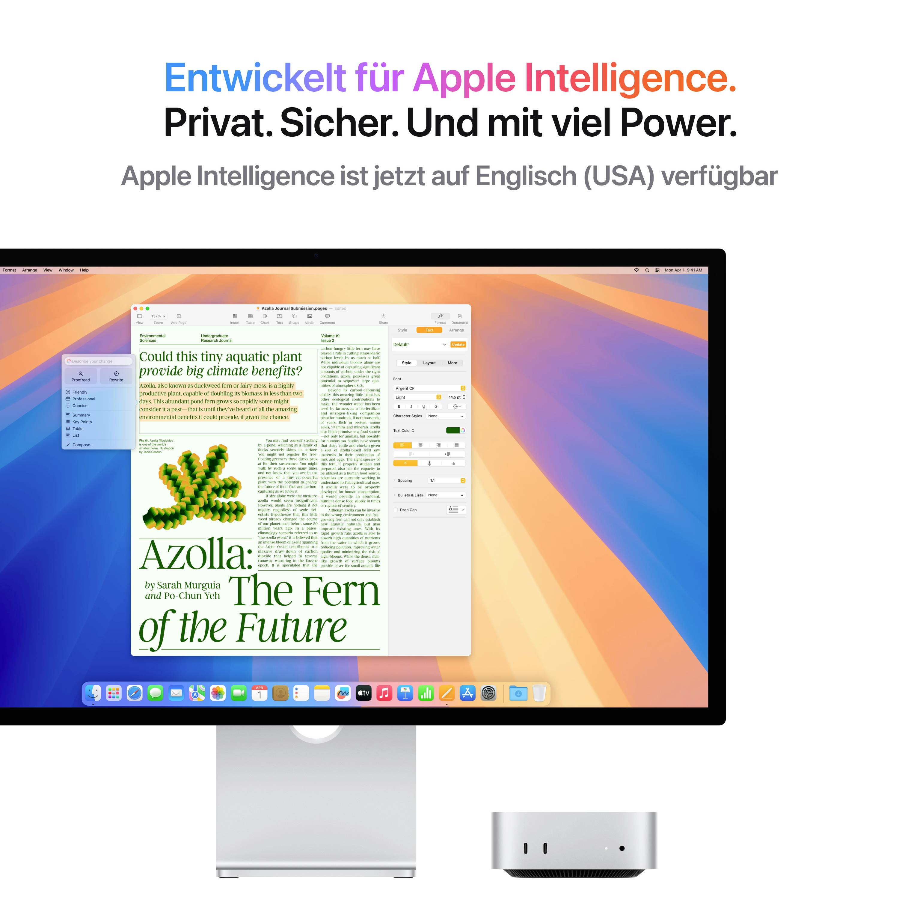 Un écran d'ordinateur affiche une application de traitement de texte ouverte avec le titre 'Azolla : La Fougère du Futur'. En dessous, un petit ordinateur. Le texte en haut informe sur « Apple Intelligence ».