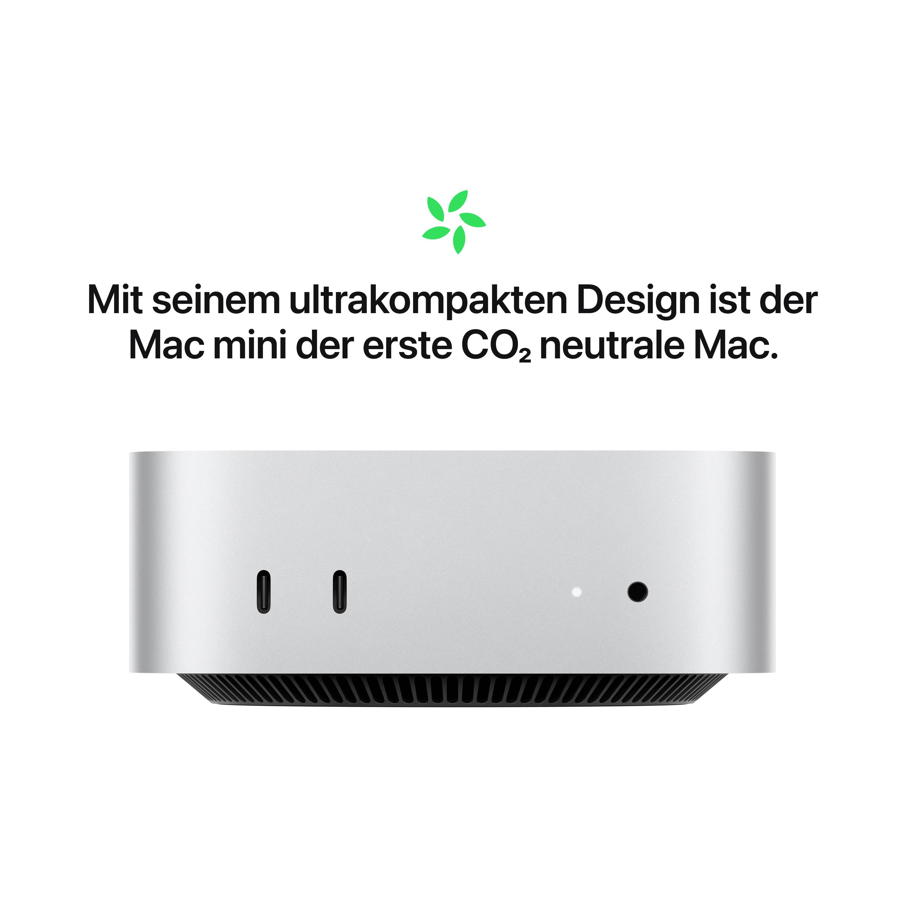 Voici un Mac mini argenté avec des ports USB, au-dessous duquel on peut lire : « Avec son design ultra-compact, le Mac mini est le premier Mac neutre en carbone. »