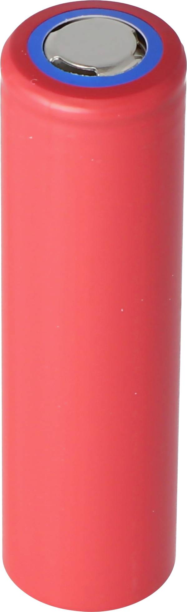 Une batterie lithium-ion cylindrique rouge avec un capuchon bleu sur le dessus, couramment utilisée dans les appareils électroniques portables.