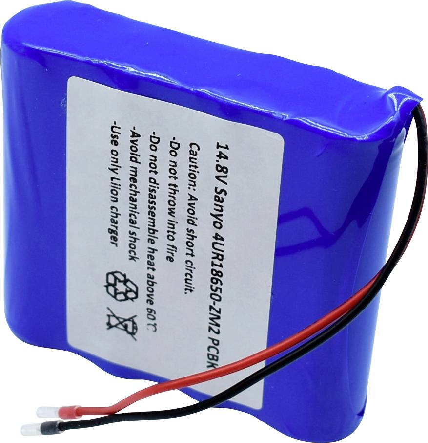 Batterie lithium-ion bleue avec étiquette. Inscription : « 14,8 V Sanyo 4UR18650-2N2 PCB ». Avertissements pour éviter les courts-circuits et la surchauffe.