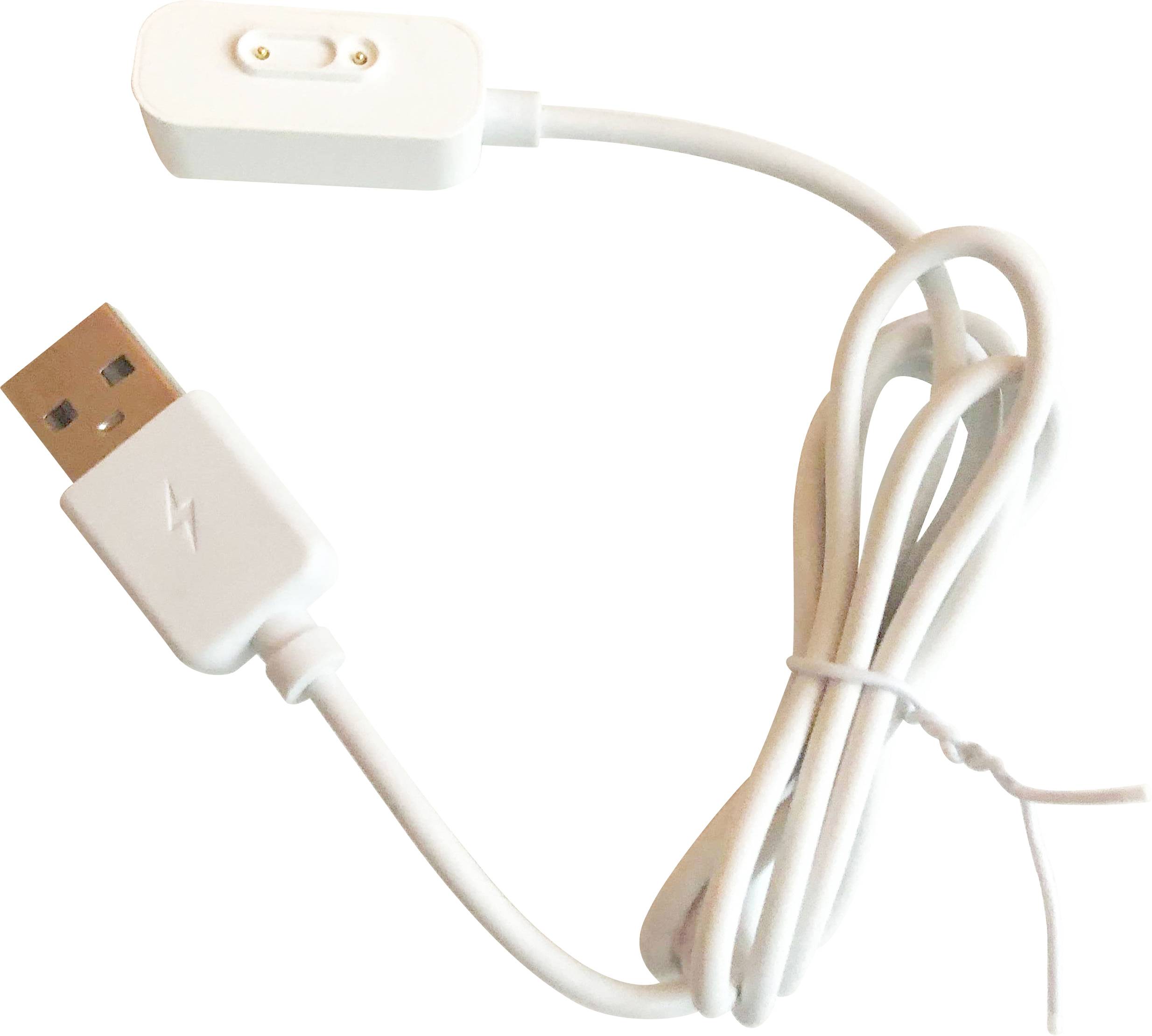 Un câble de charge USB blanc avec un connecteur magnétique, adapté à des appareils spécifiques, est enroulé de façon décontractée sur le sol.