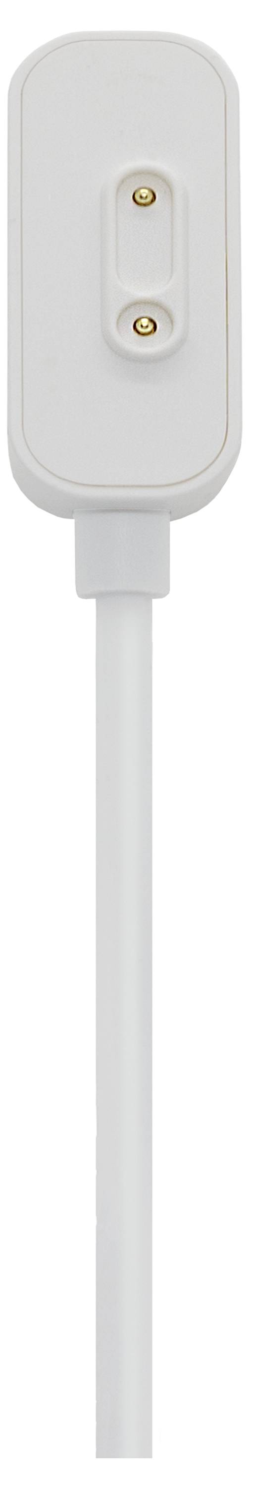 Chargeur magnétique blanc avec deux contacts dorés sur un câble blanc.