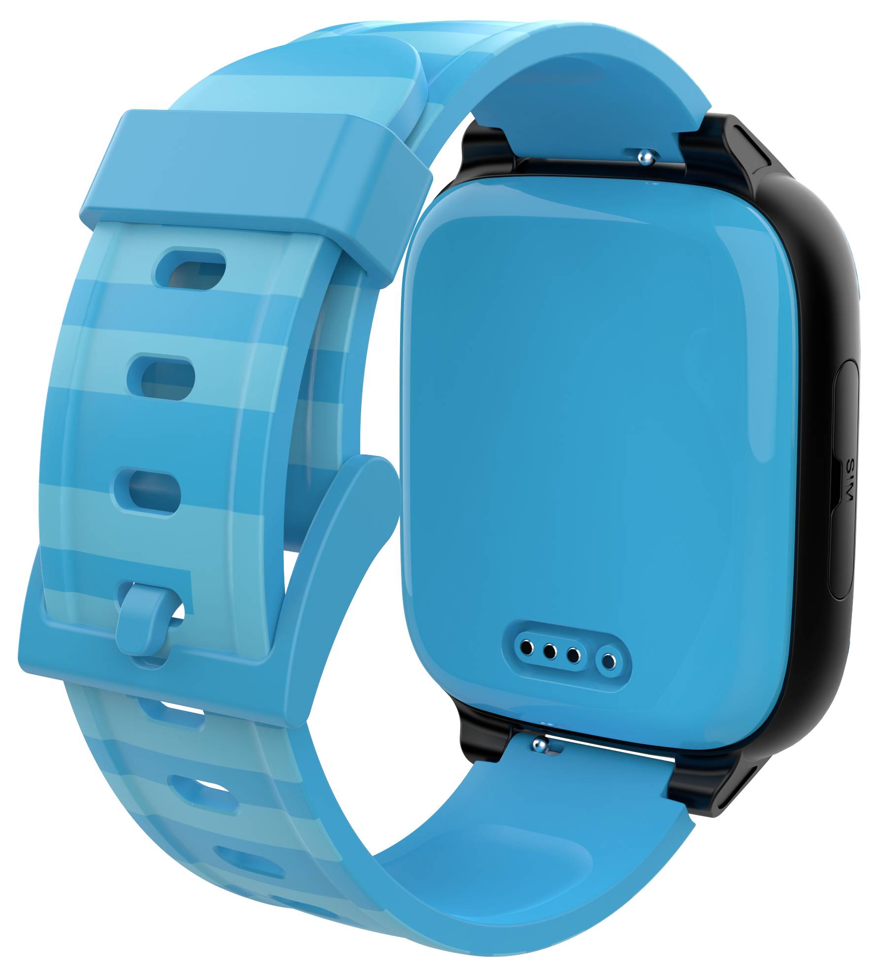 Montre connectée bleue avec bracelet robuste, vue sur l'arrière et sa boucle de fixation. Idéale pour les activités sportives.