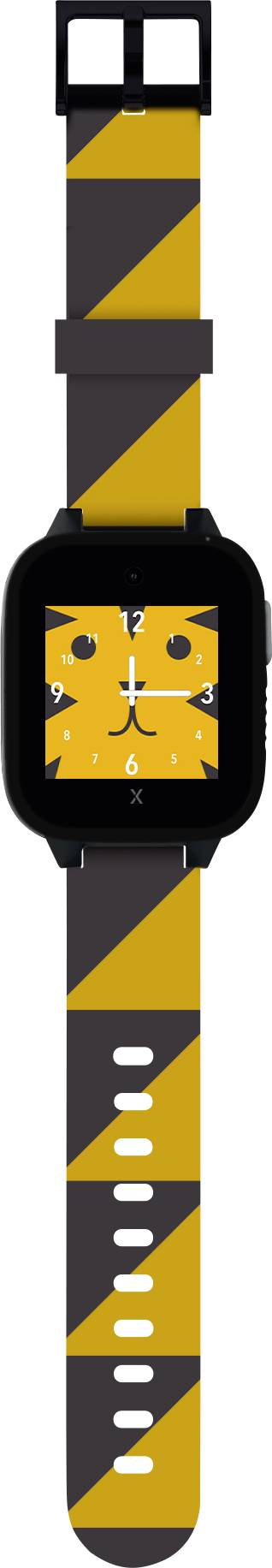 Montre digitale au cadran jaune et noir avec un design de bracelet rappelant celui d'un tigre.