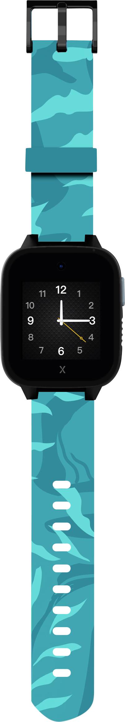 Une montre connectée noire avec un bracelet à motifs turquoise, affichant 10h09. Elle présente un design moderne et fonctionnel.