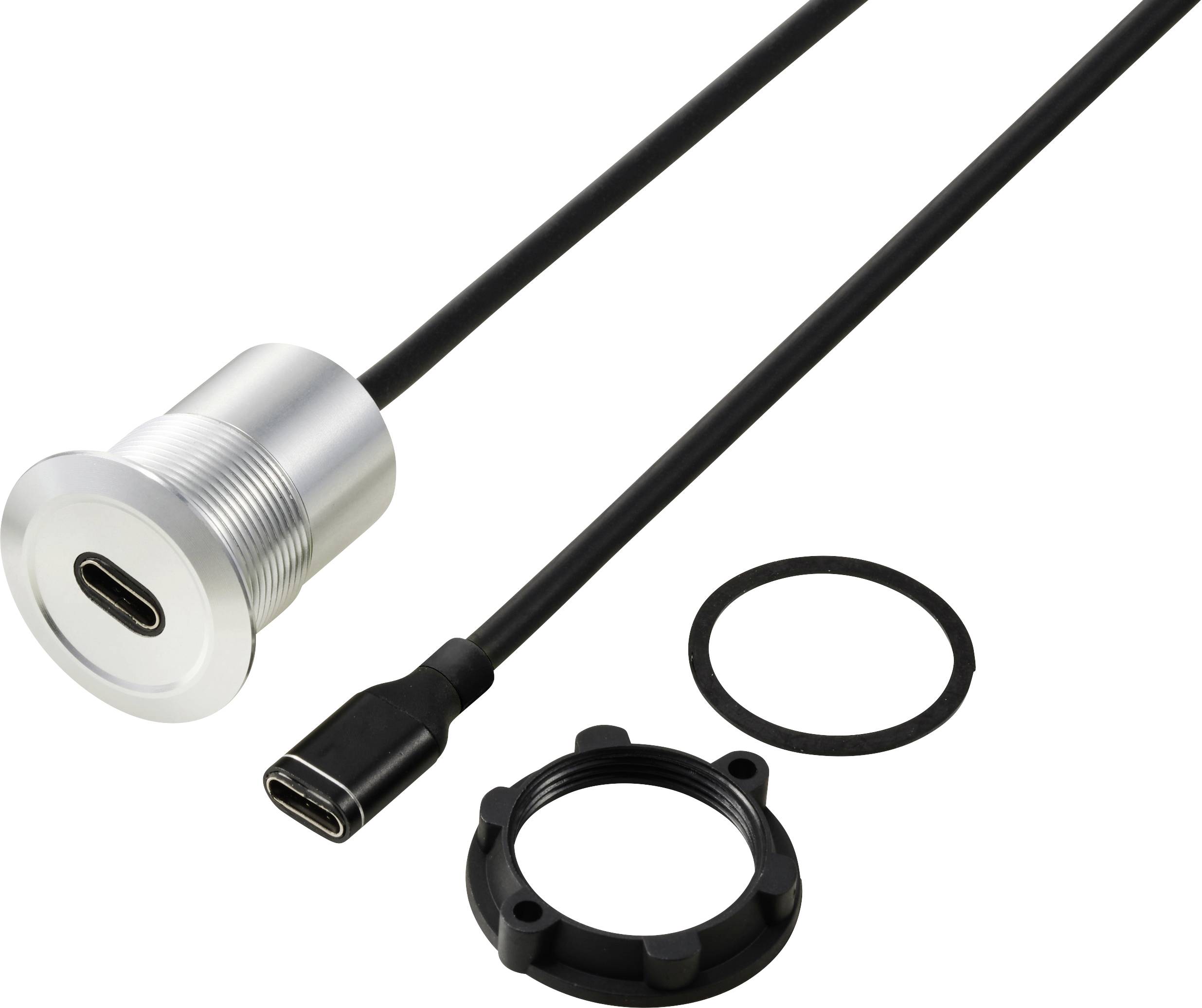 Un port USB-C argenté avec un câble noir, à côté d'un joint d'étanchéité et d'un écrou de fixation.