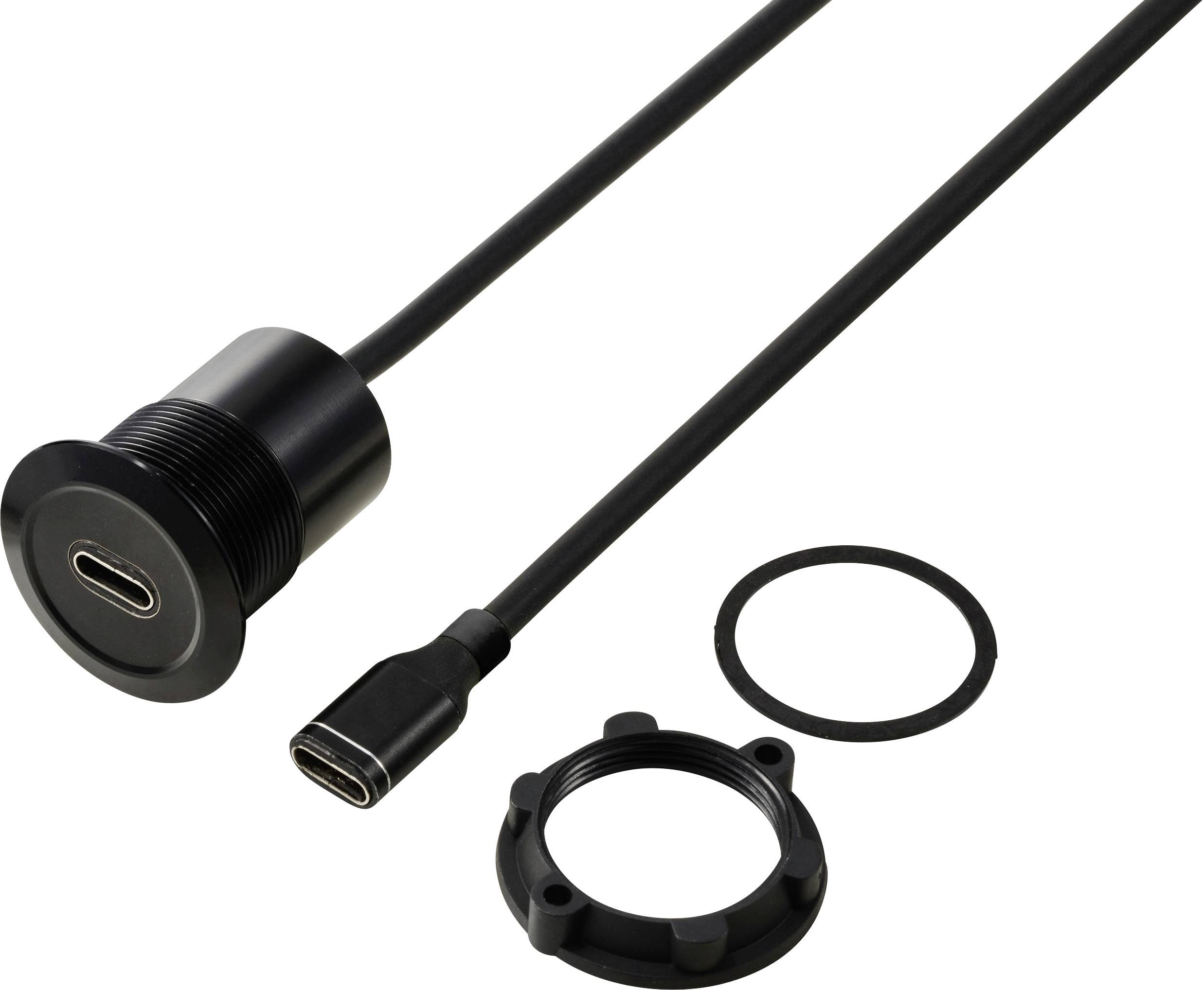 Prise USB-C encastrable avec câble, boîtier rond et anneau de montage, adaptée à l'intégration d'appareils.