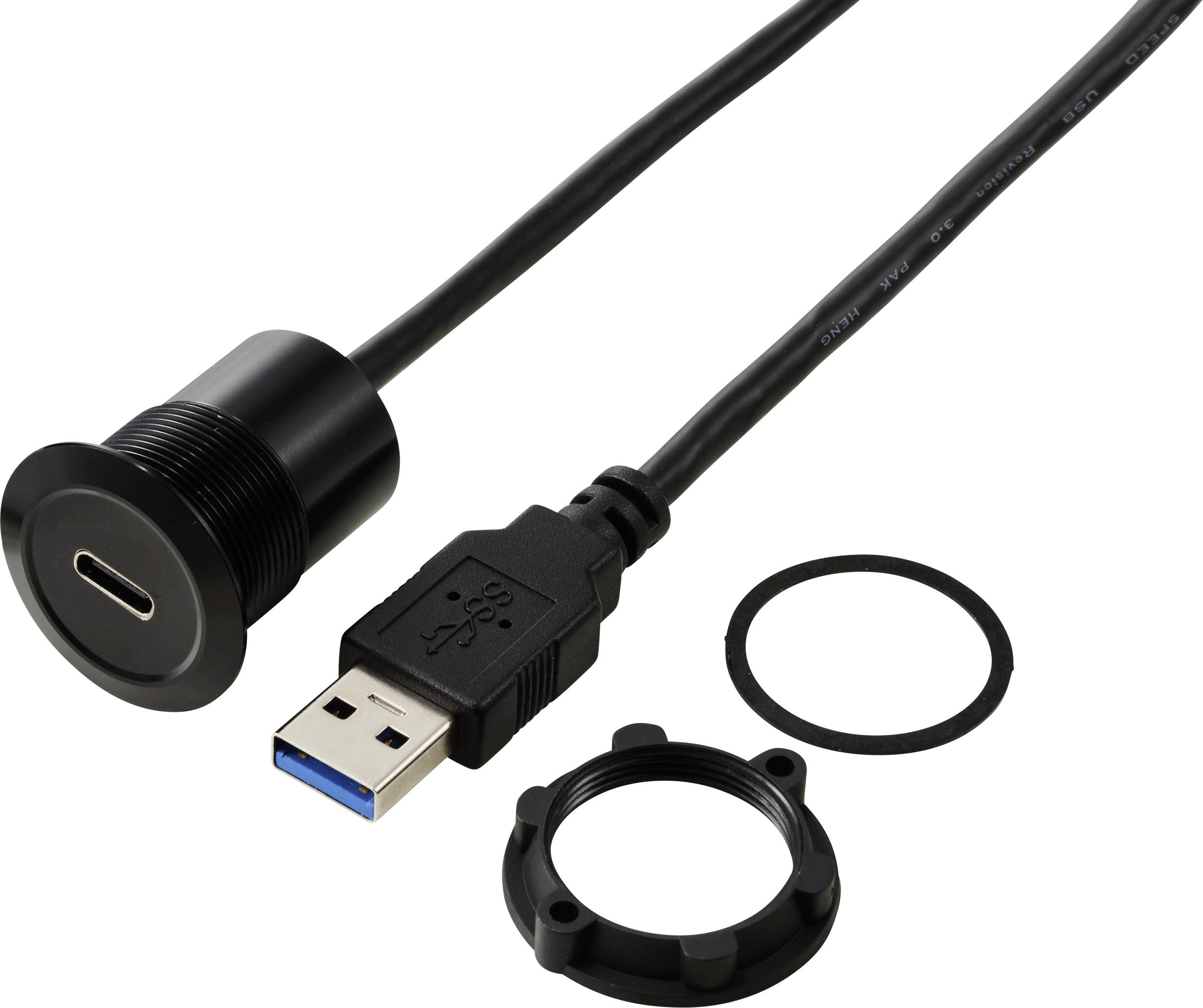Prise de panneau USB-C avec fiche USB-A, fixation circulaire et joint d'étanchéité, adaptée aux installations électroniques.