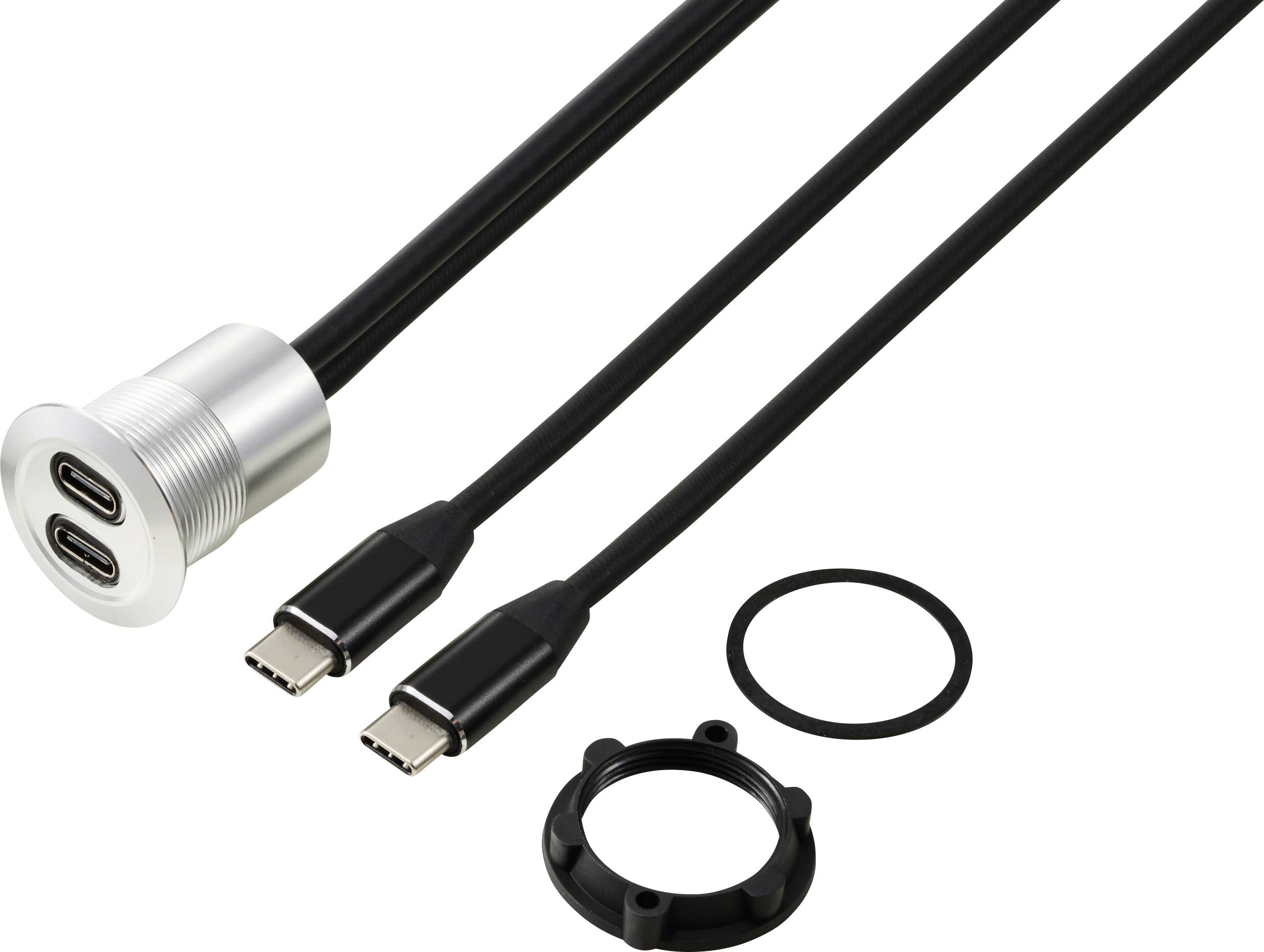 Adaptateur double USB-C avec connecteur argenté et deux câbles branchés. Comprend un anneau noir et un support de fixation.