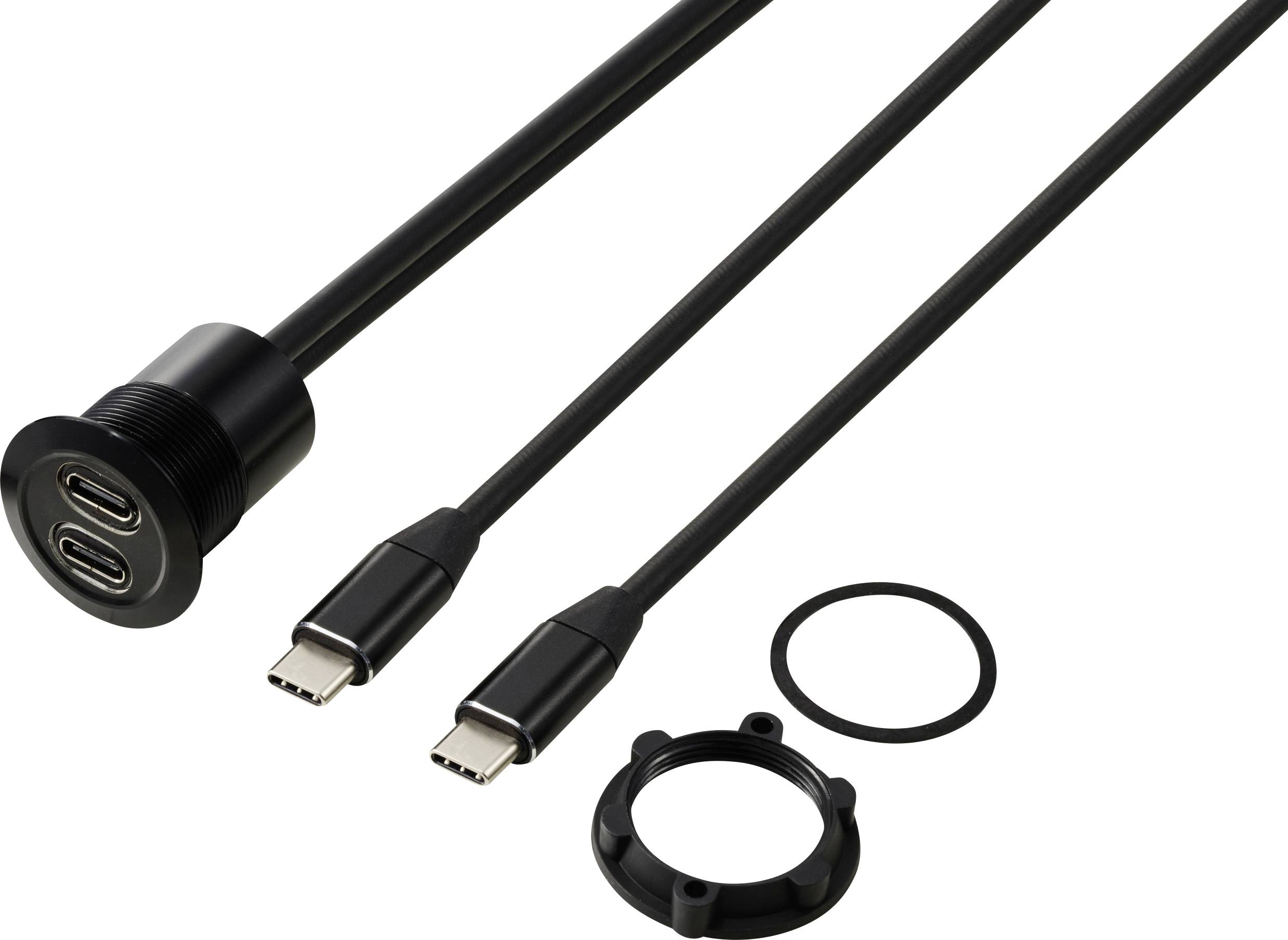 Double port USB-C avec deux câbles et accessoires de montage. Adapté pour les connexions d'appareils et le transfert de données.