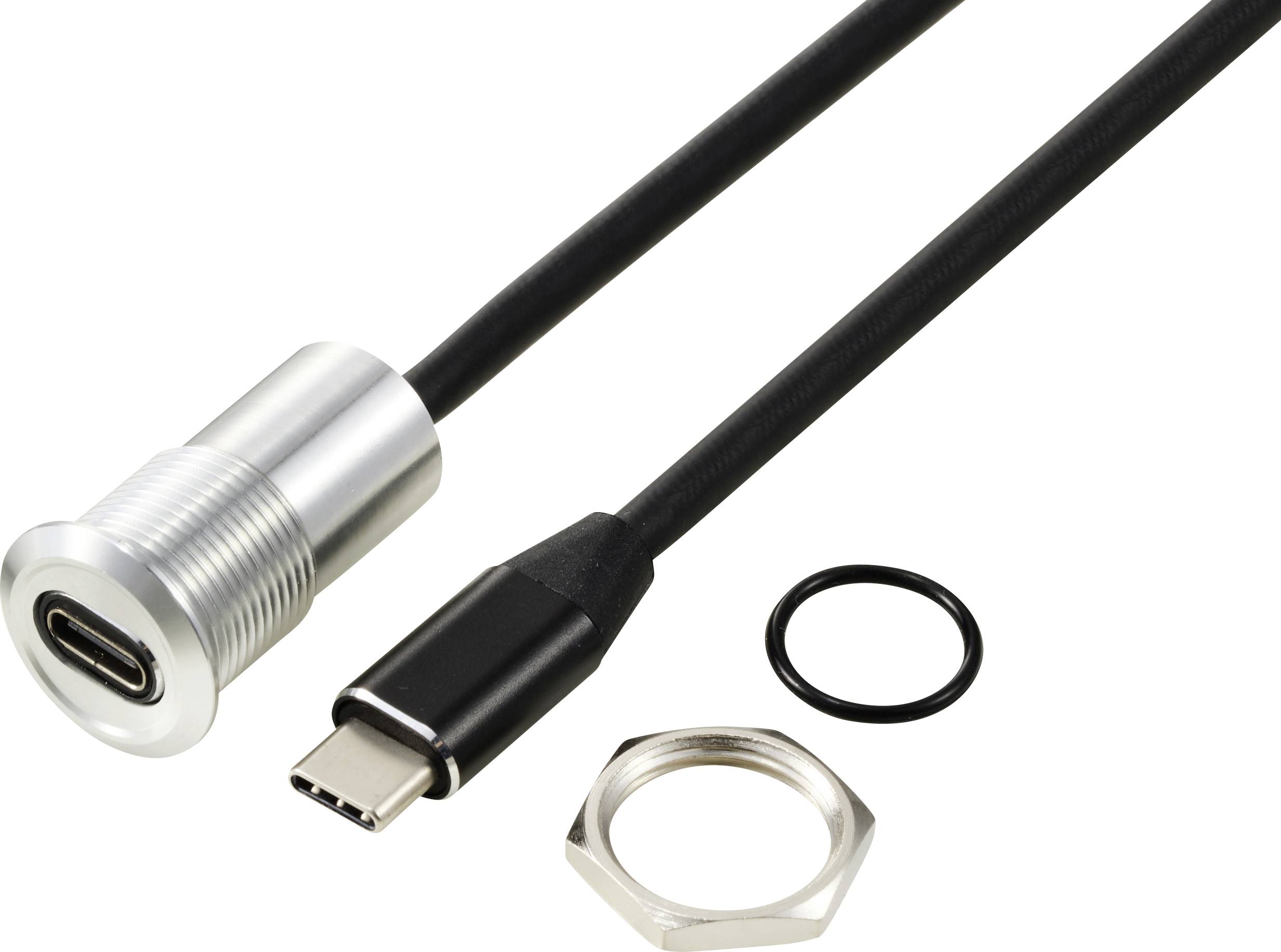 Câble USB-C avec prise métallique ronde, câble noir et composants de montage assortis, incluant un joint et un écrou.