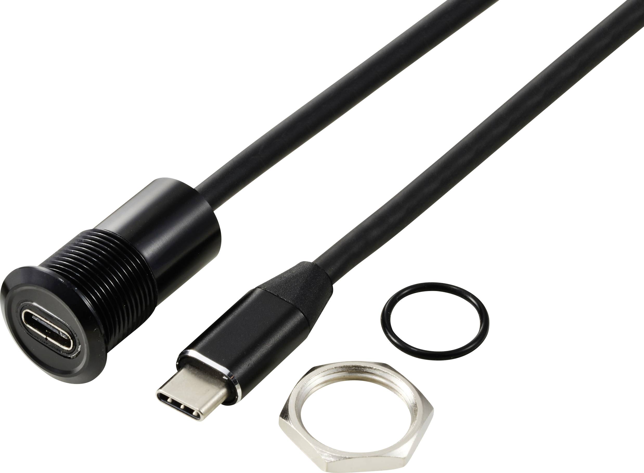 Câble et connecteur USB-C avec écrou à vis et joint. Adapté pour des connexions stables et résistantes aux intempéries dans les appareils électroniques.