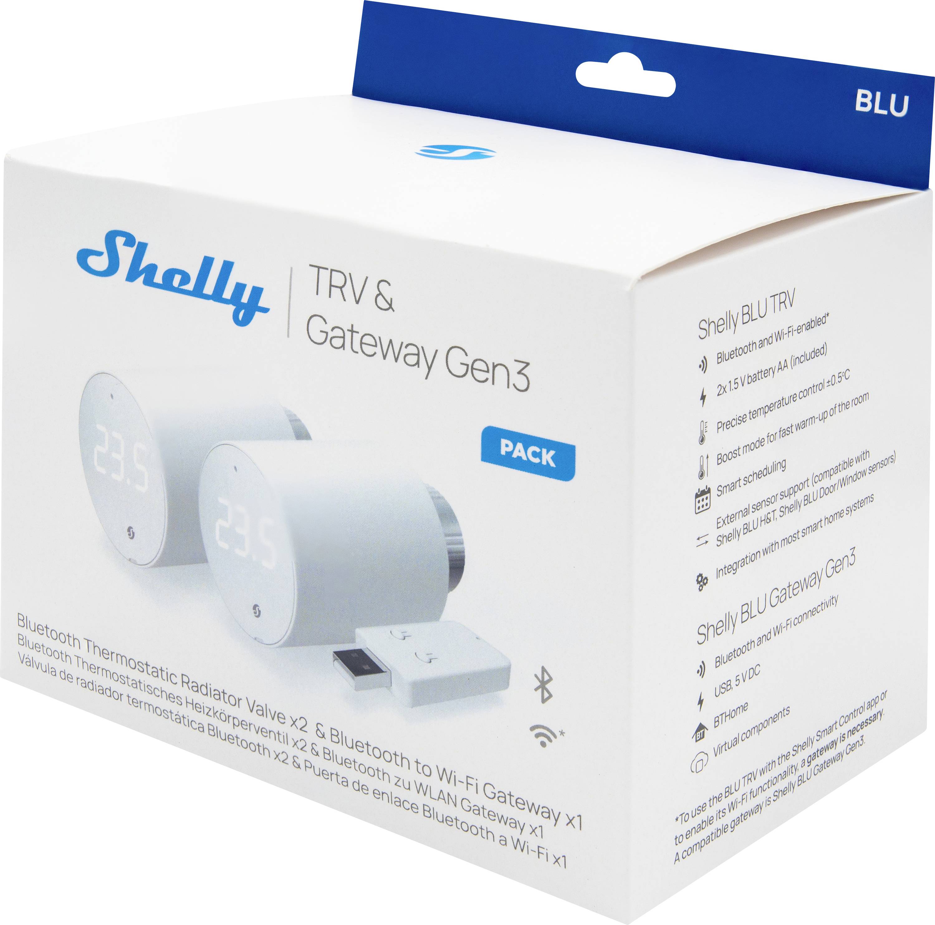Shelly BLU TRV Heizkörperthermostat 2-er Pack Passerelle, Thermostat de radiateur Bluetooth Low Energy, Wi-Fi