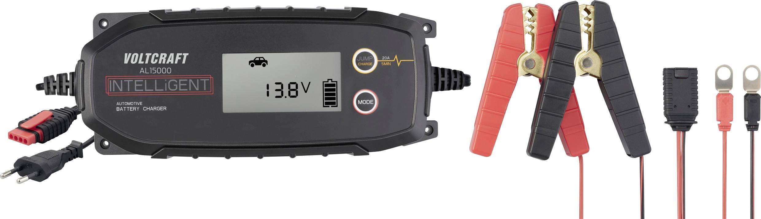 Chargeur de batterie de voiture avec affichage numérique, indiquant '13,8V'. Comprend des pinces rouge et noire pour la connexion.