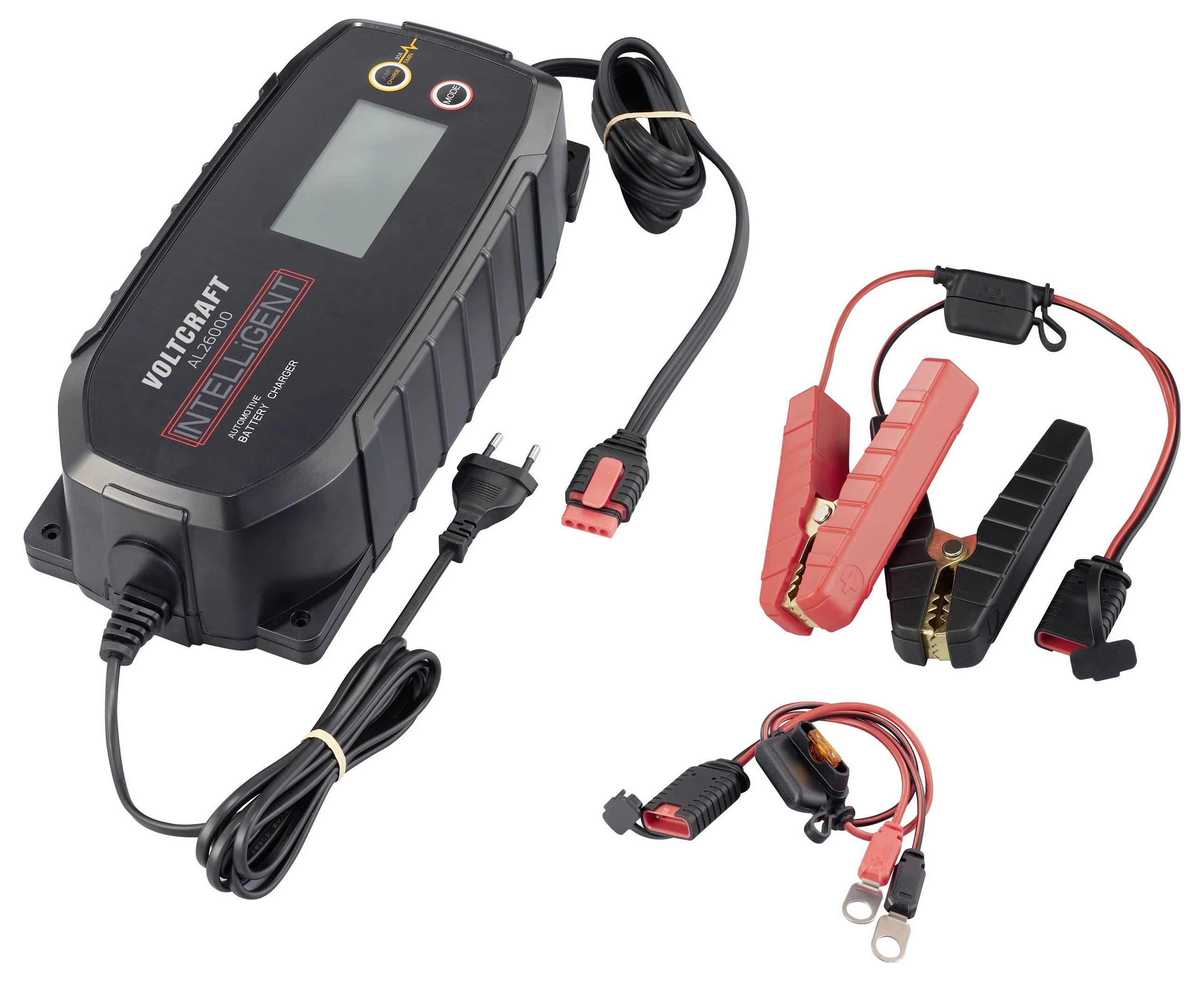 'VOLTCARFT INTELLIGENT' Chargeur de batterie avec écran LCD, câble et pinces pour batteries de voitures et de motos.
