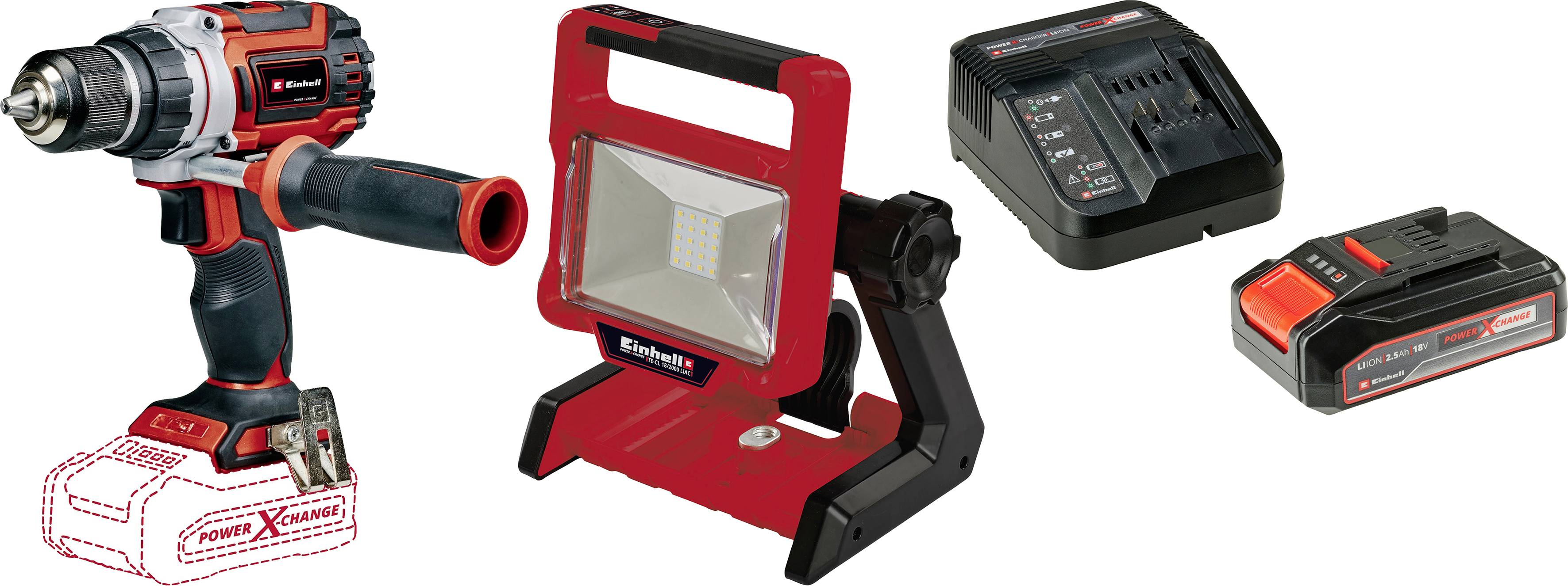 Perceuse-visseuse sans fil, projecteur de chantier LED, chargeur et batterie dans un seul ensemble. Parfait pour des travaux de bricolage polyvalents.