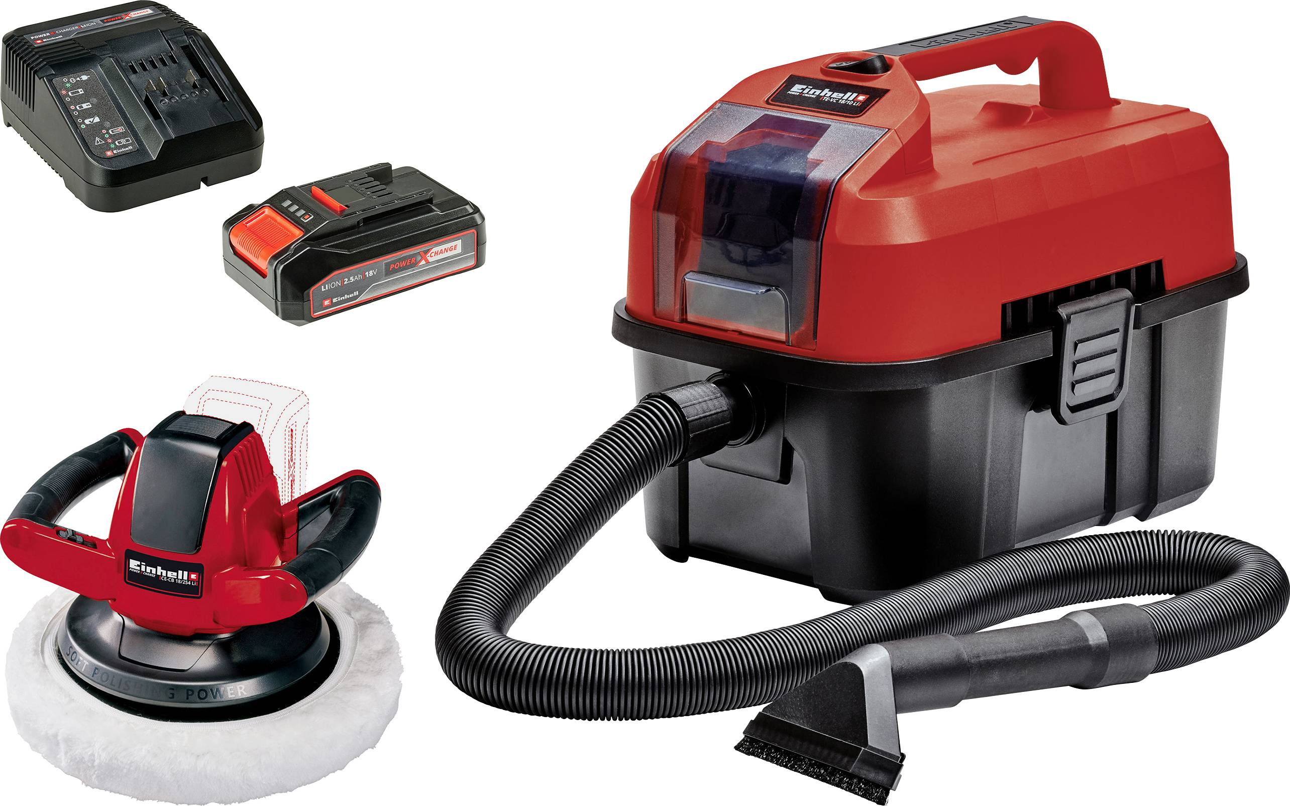 Un aspirateur d'atelier rouge, portable, avec tuyau, polisseuse sans fil, chargeur et batterie de rechange. Toutes les pièces portent la même marque.