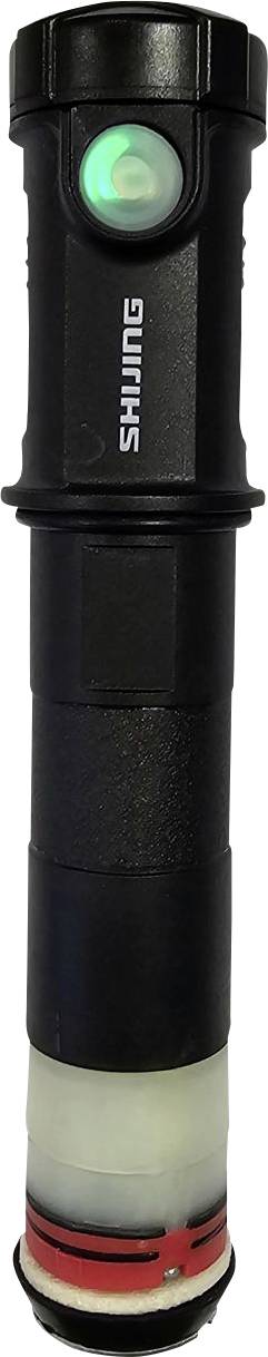 Lampe de poche noire avec un bouton vert lumineux et l'inscription 'SHIMING' sur le côté.