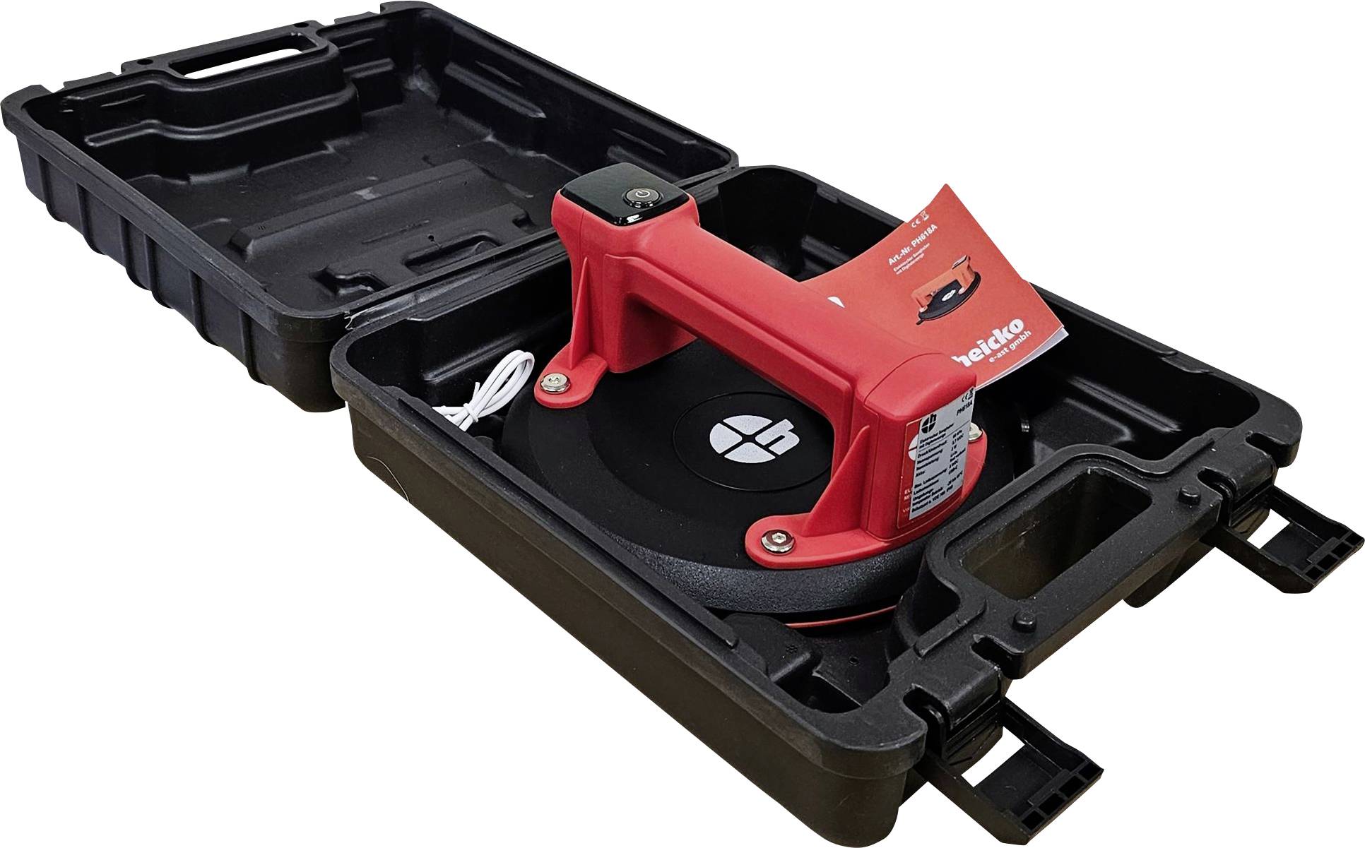 Heicko PH618A Ventouse à 1 tête avec pompe à vide électrique intégrée et indicateur de vide, avec mallette de rangement, Ø 200 mm