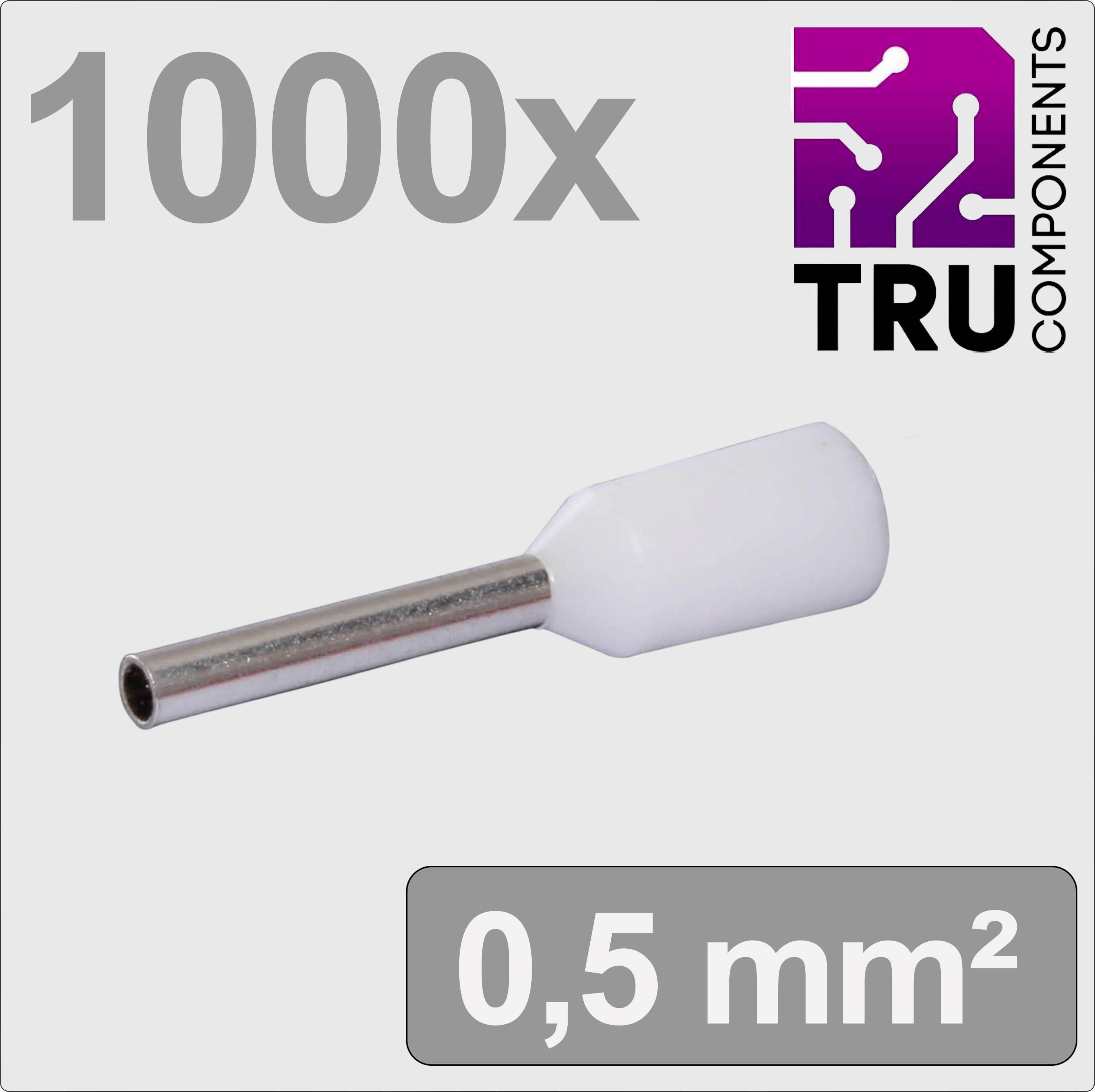 Une image montre 1 000 cosses de câble TRU Components avec collerette en plastique, section transversale : 0,5 mm². Emballage et logo en arrière-plan.