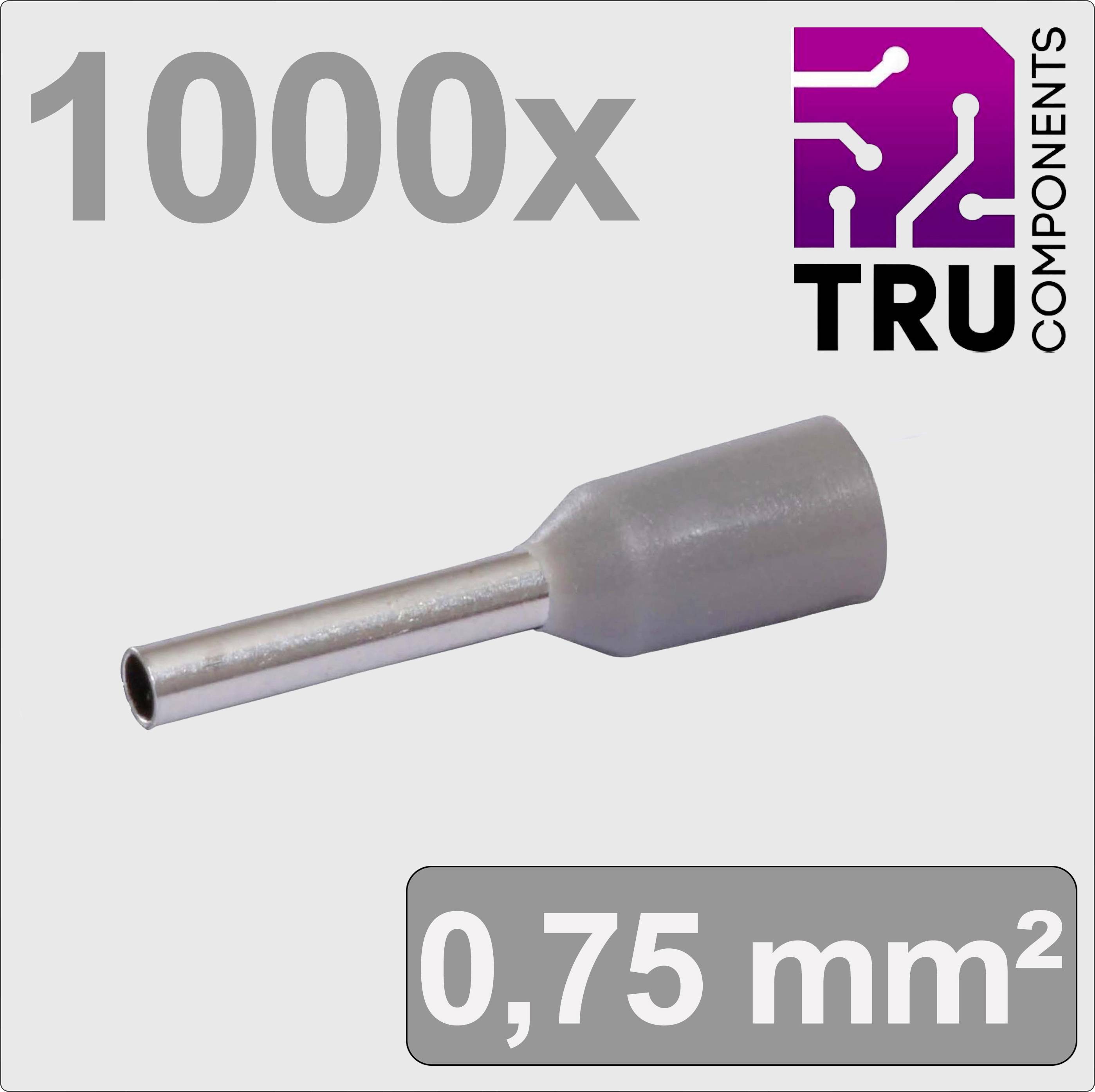 1000 embouts de câble 0,75 mm² de TRU Components, l'illustration montre un embout unique sur un fond gris, logo de l'entreprise en haut à droite.