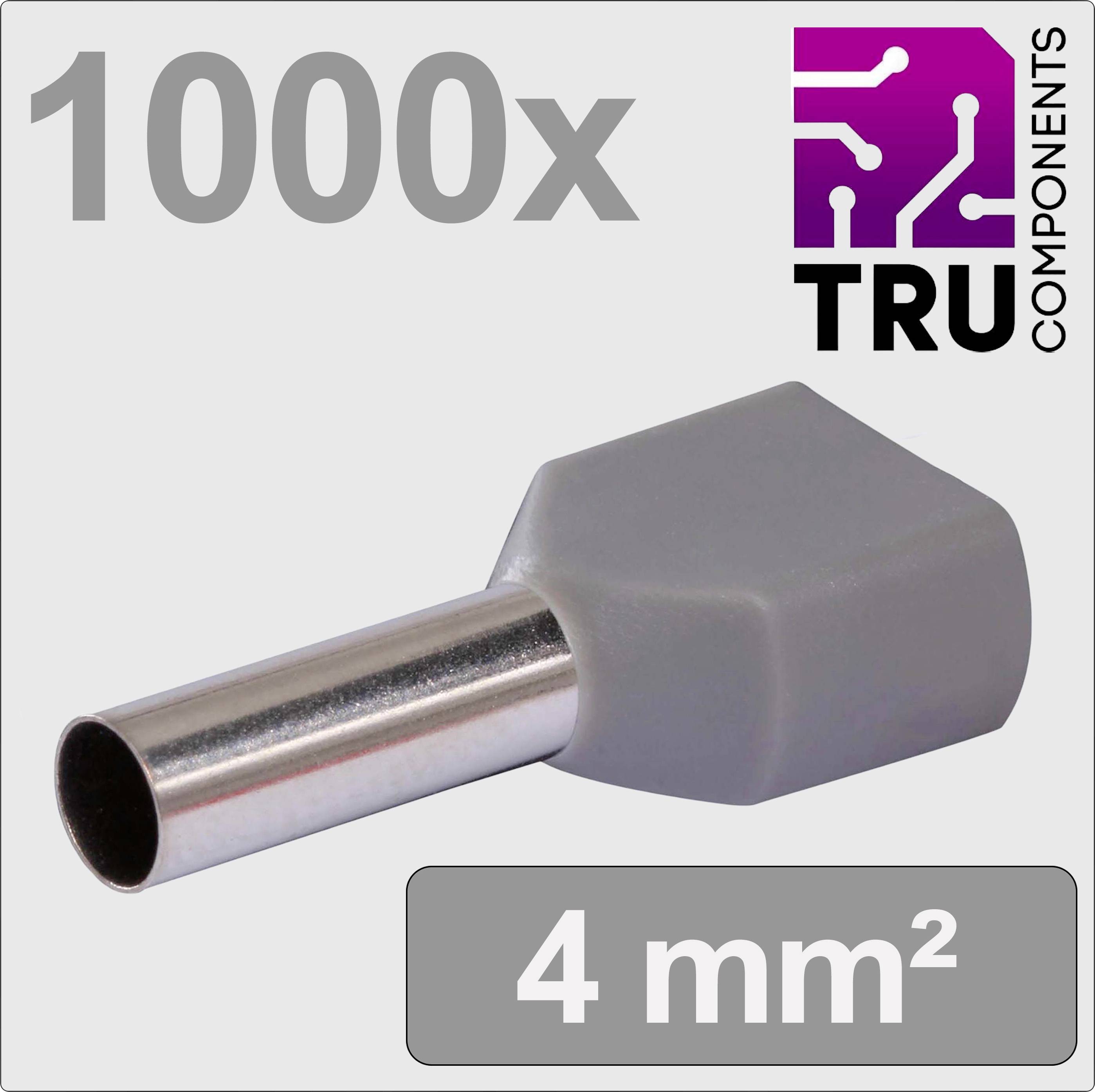 Un fanion '1000x' et '4 mm²' présente un capuchon pour connexions électriques de TRU Components. Sujet principal : gaine de câble grise.