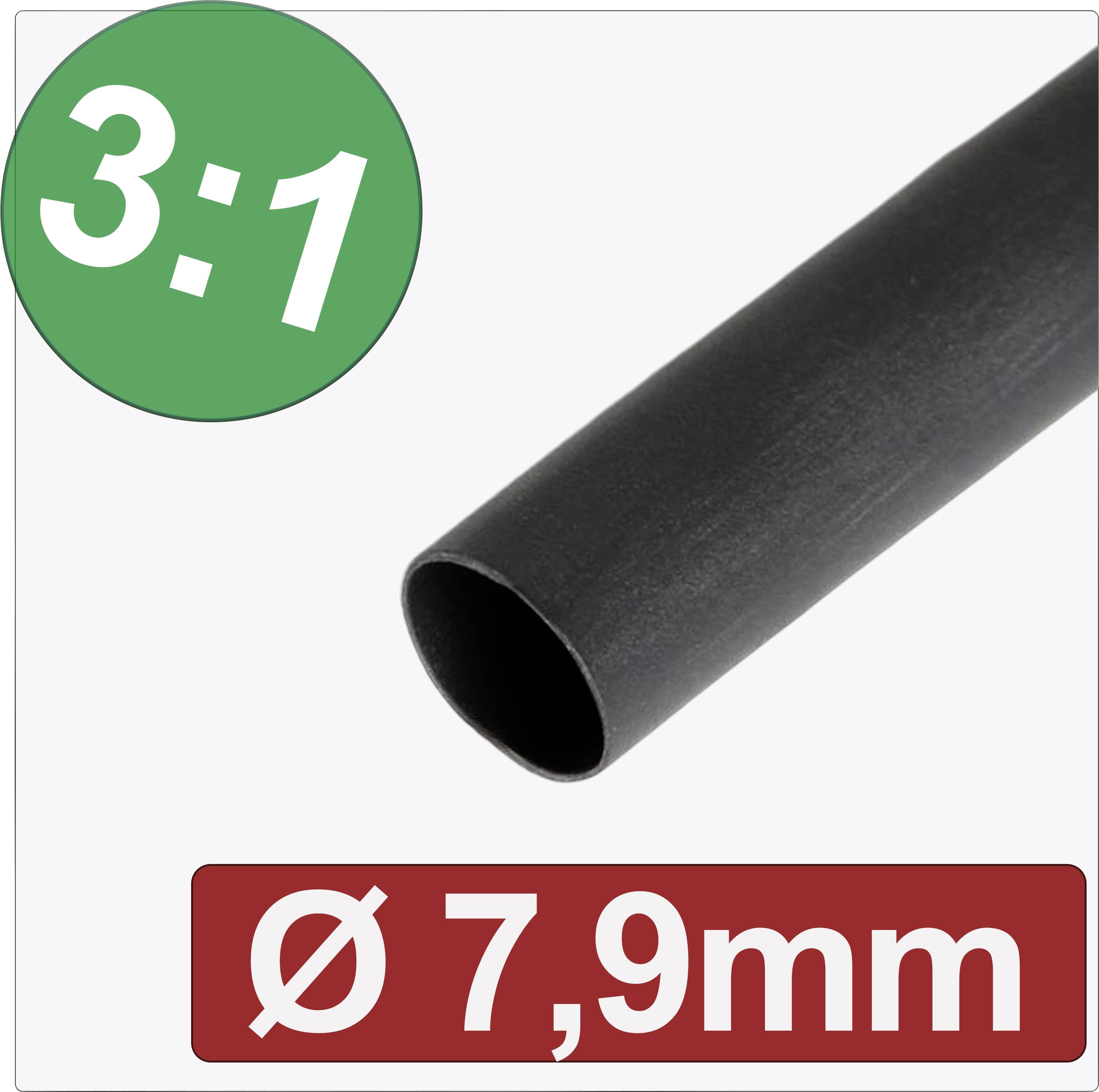 Gaine thermorétractable noire avec un rapport de rétrécissement de 3:1 et un diamètre de 7,9 mm.