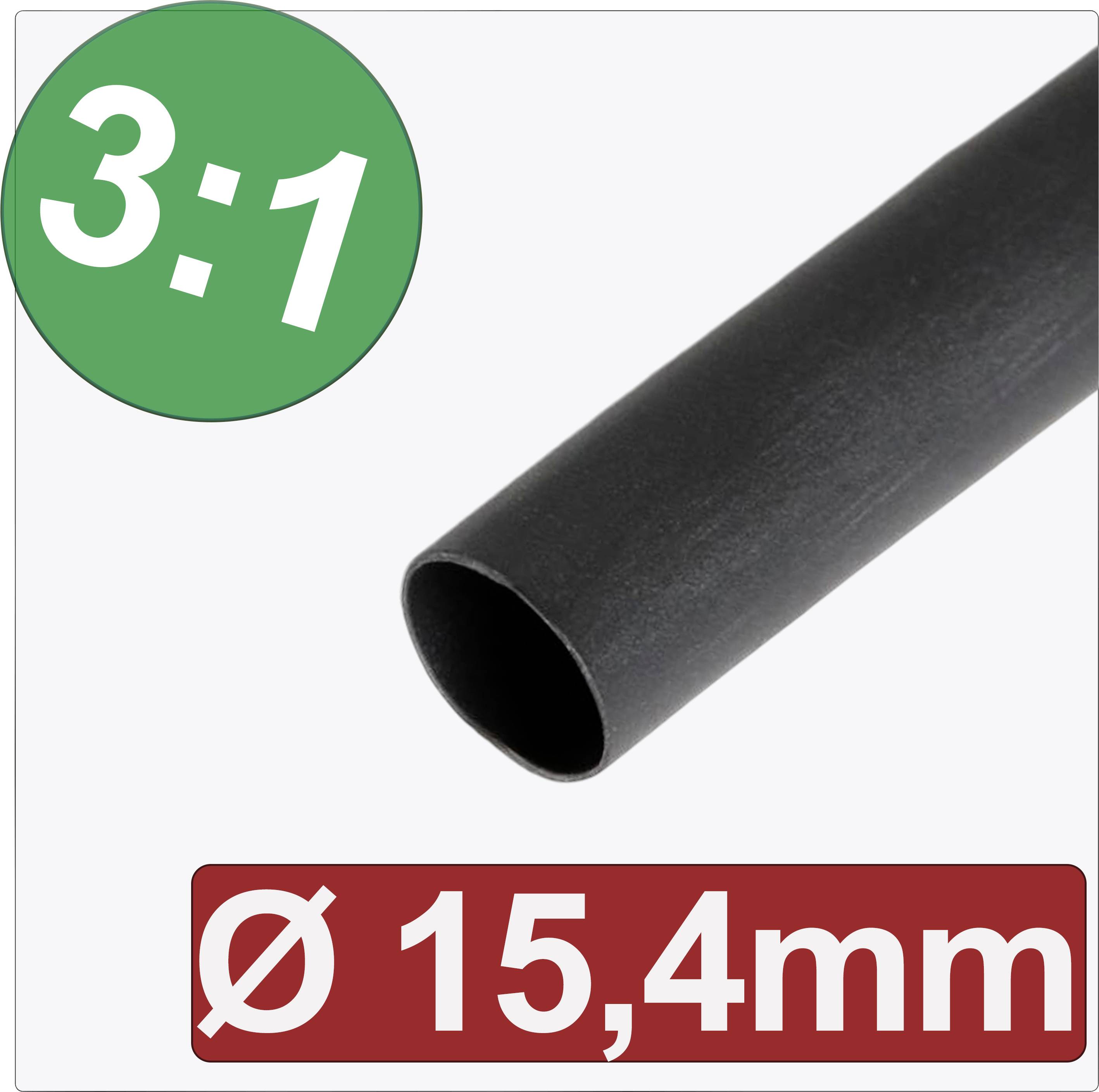 Gaine thermorétractable noire de 15,4 mm de diamètre avec un rapport de rétrécissement de 3:1.