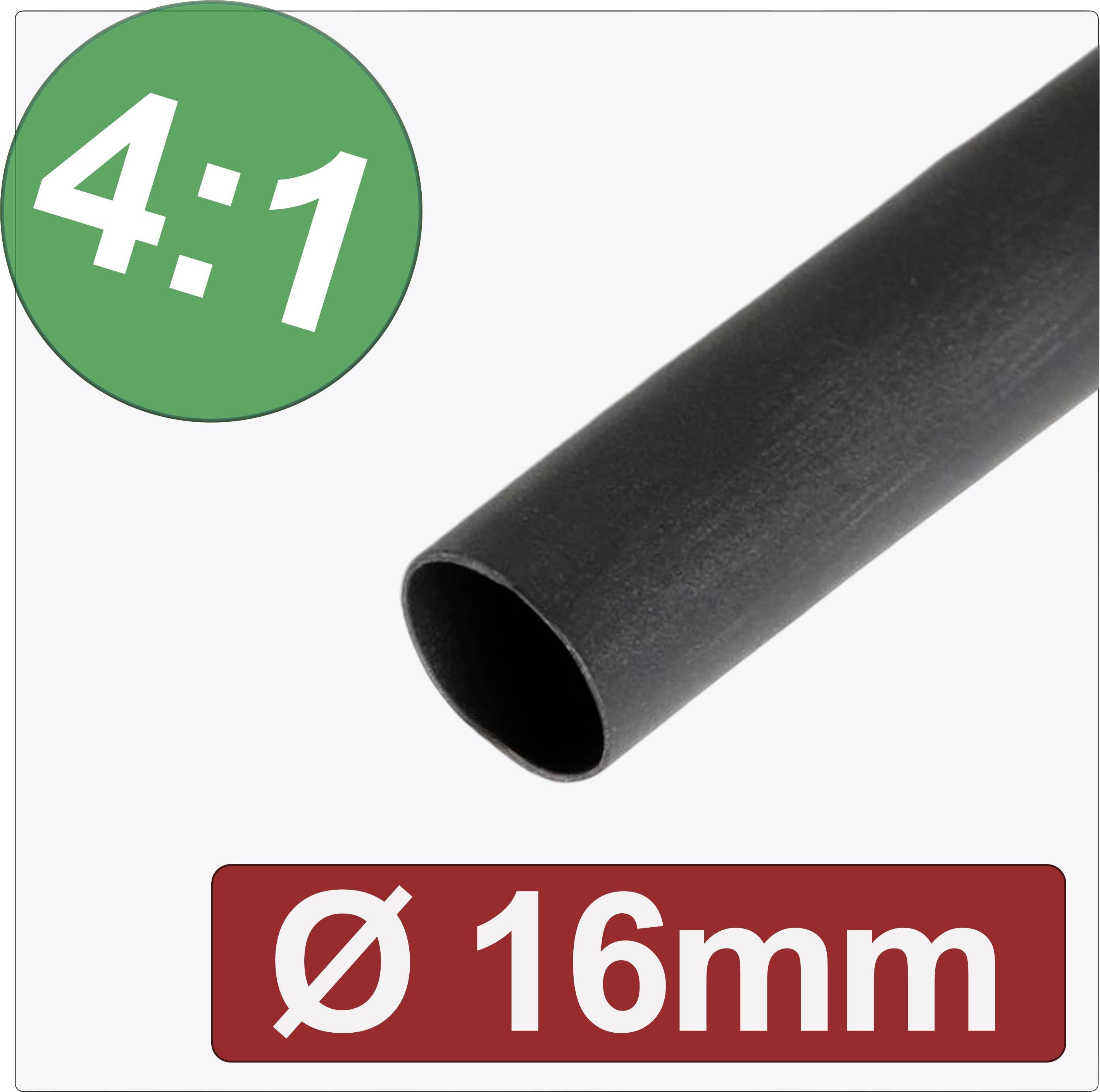 Gaine thermorétractable avec un rapport de rétrécissement de 4:1, diamètre de 16 mm, couleur noire. Idéale pour l'isolation et la protection des câbles.