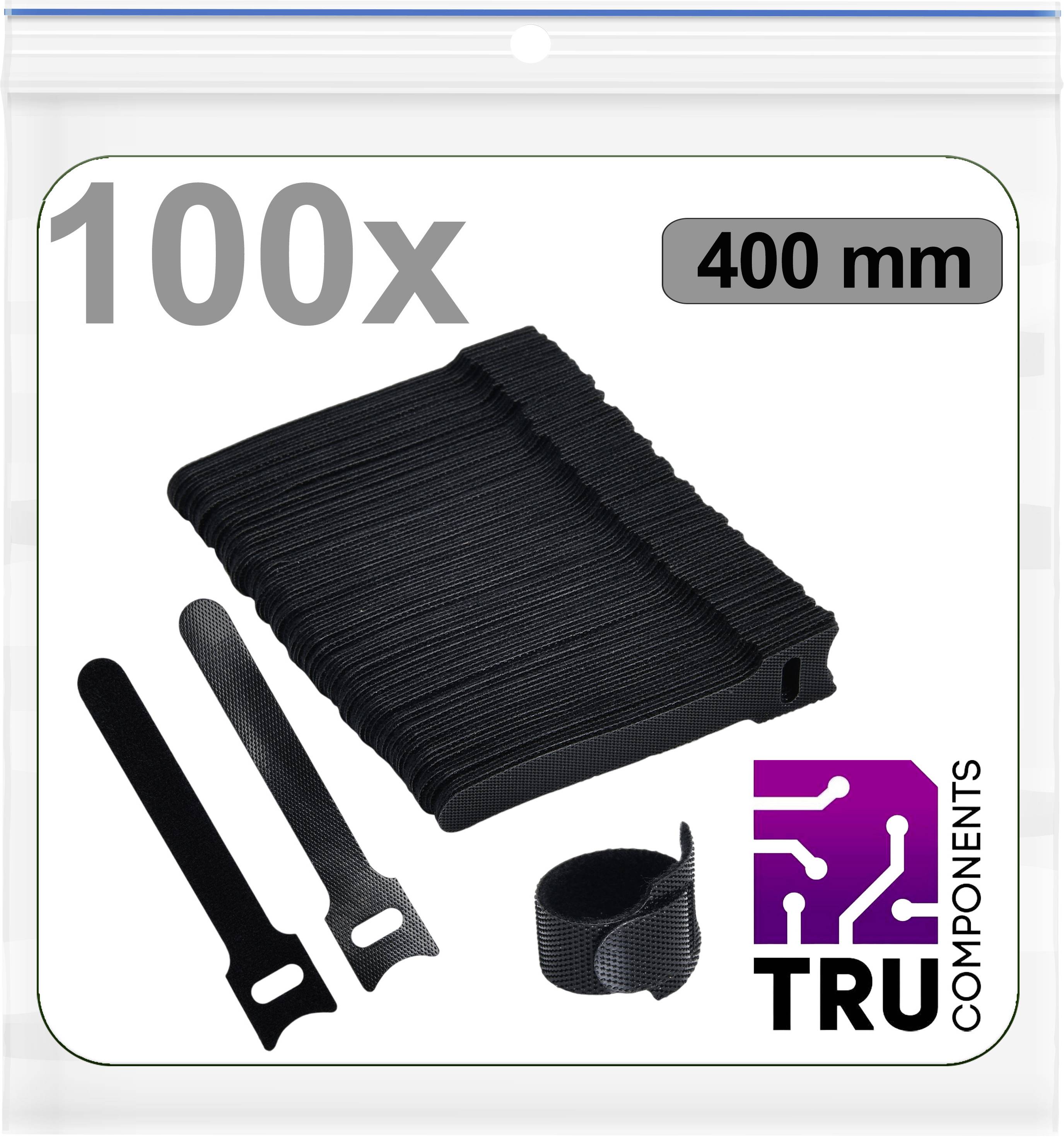 Attaches de câbles auto-agrippantes noires de TRU COMPONENTS, 100x 400 mm, présentées dans leur emballage ouvert avec des échantillons.