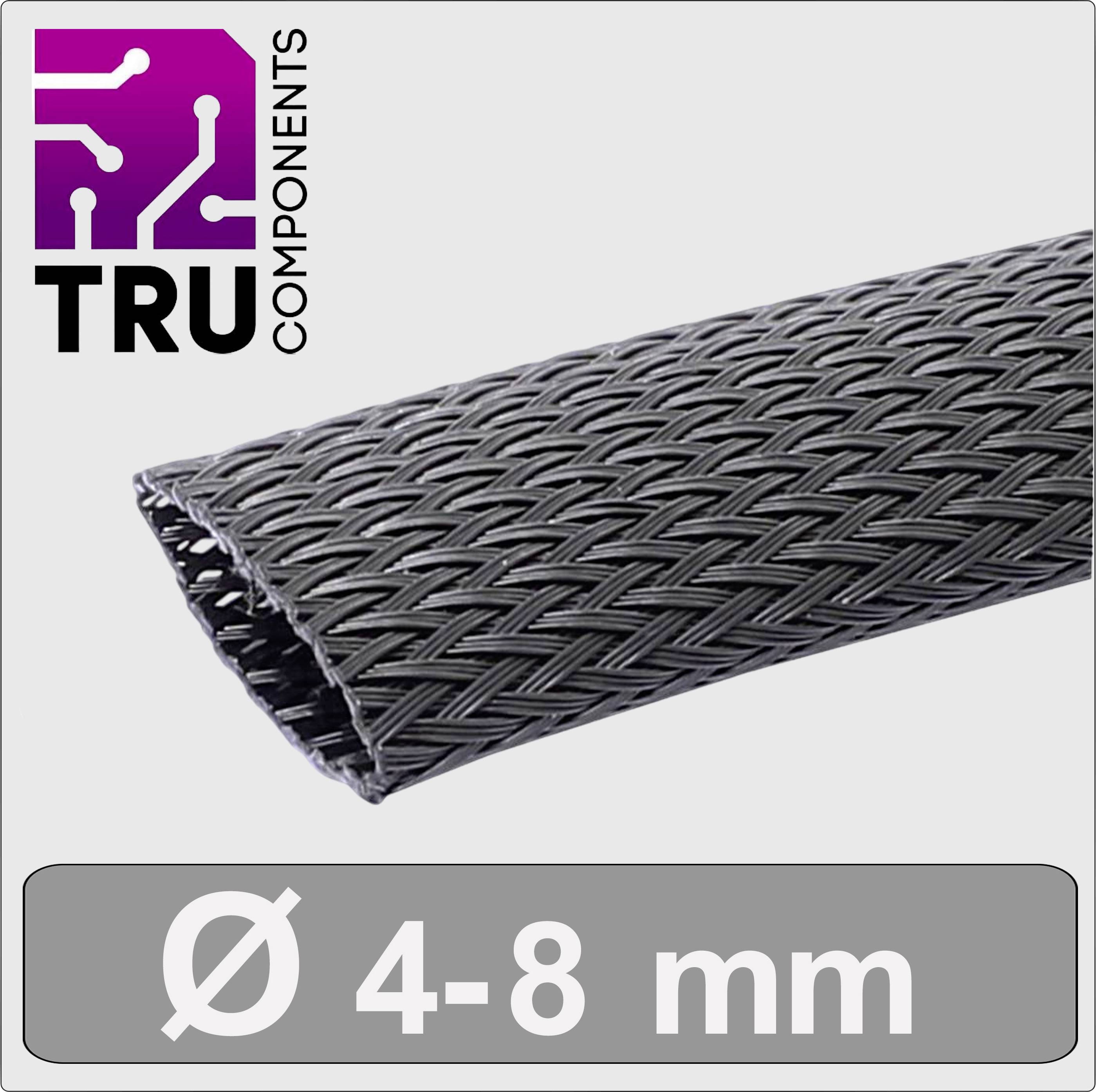 Gaine tressée en plastique flexible, de couleur noire, avec un diamètre de 4-8 mm. Marque : TRU Components.