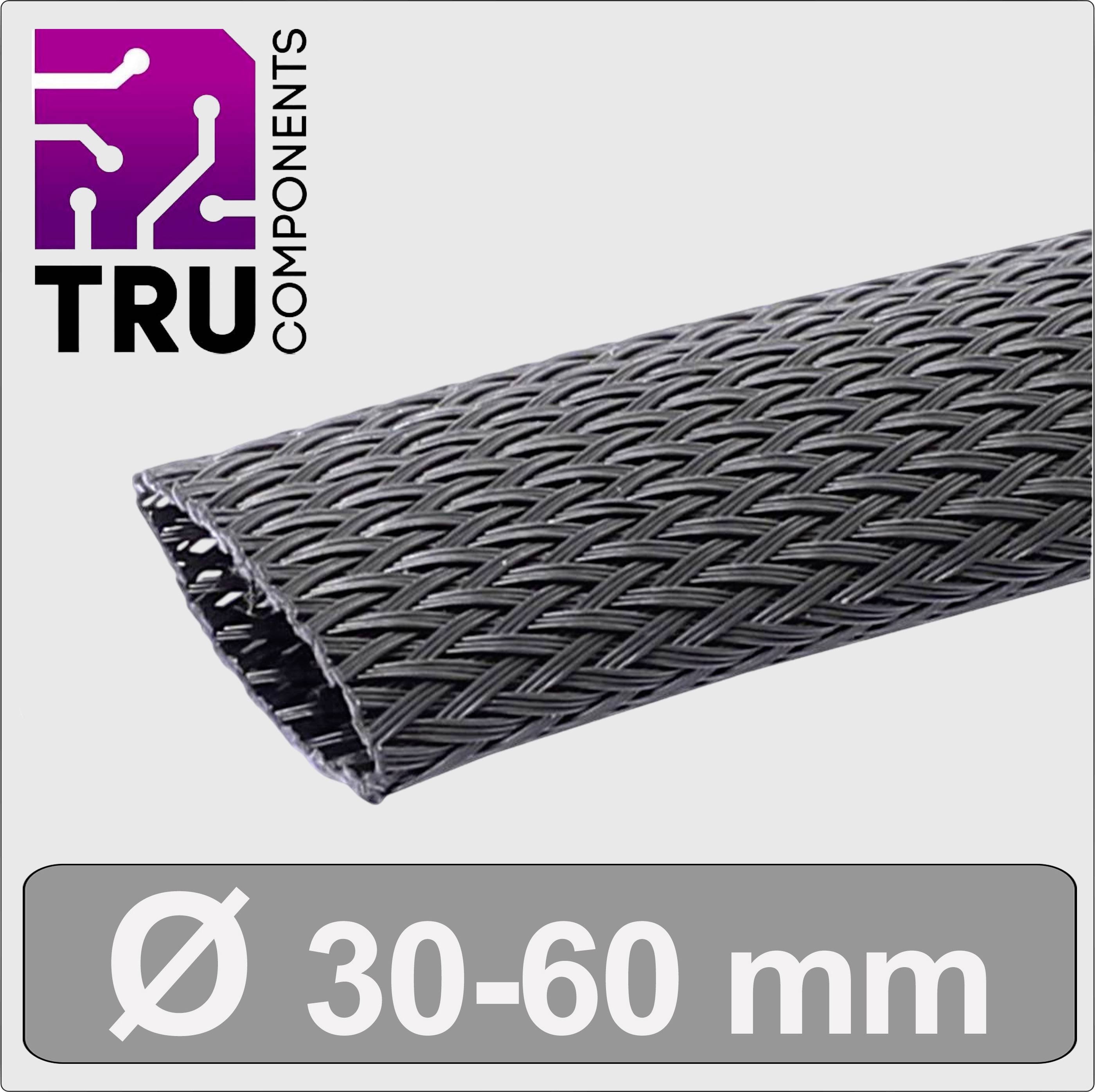 Gaine tressée de TRU Components avec une plage de diamètre de 30 à 60 mm, présentée en couleur noire.