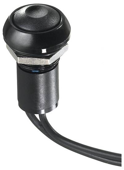 Un bouton-poussoir noir avec connexion filaire, monté dans un boîtier métallique, adapté aux appareils électroniques ou aux panneaux de commande.