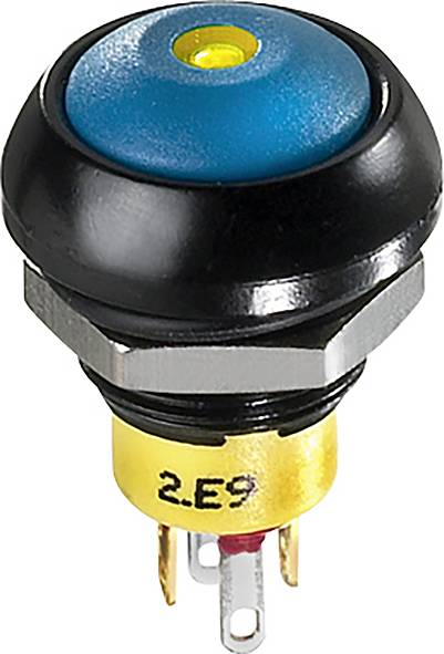 Interrupteur rotatif noir avec bouton-poussoir bleu et filetage métallique, marqué '2.E9'. Adapté pour les applications électroniques.