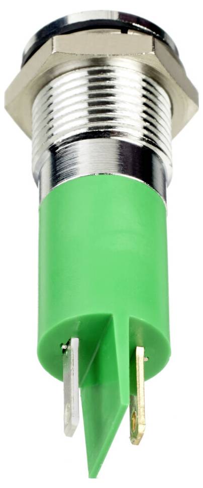 Un indicateur à diode électroluminescente (LED) verte avec fixation métallique, adapté aux appareils électroniques pour indiquer leur état.