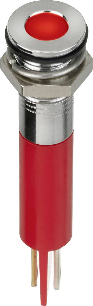 Voyant LED rouge dans un boîtier métallique, avec une tête lumineuse ronde et deux broches de connexion à l'extrémité inférieure.