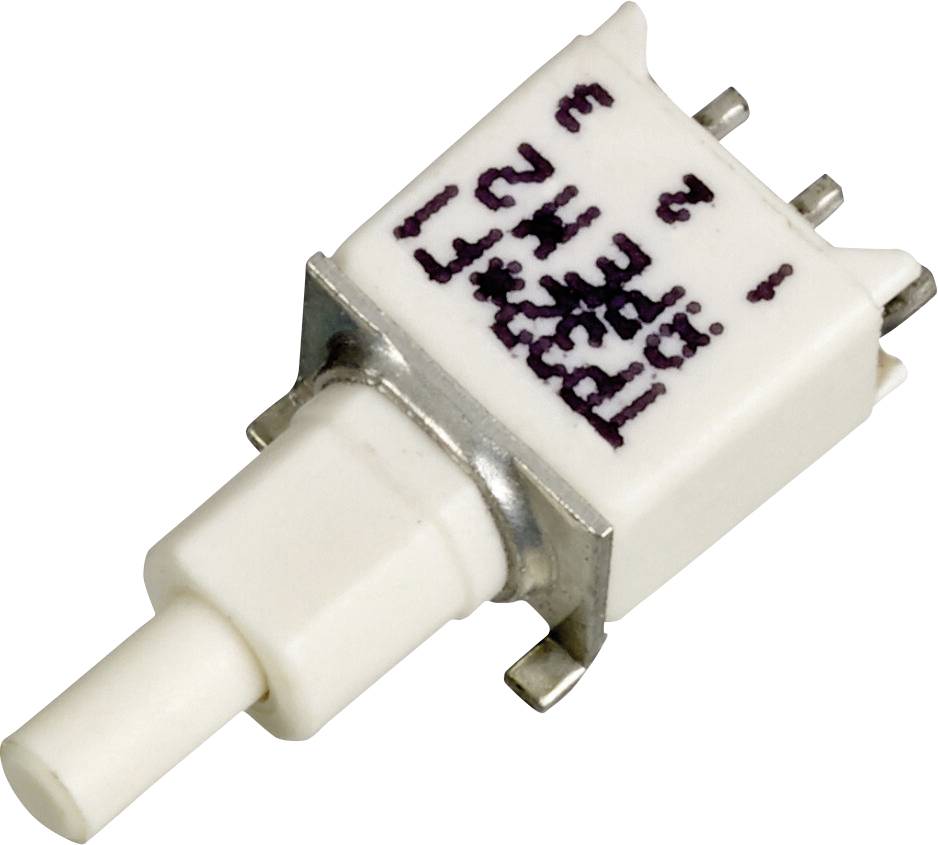 Un petit interrupteur à bascule blanc avec fixation métallique et quatre broches de connexion. Une inscription est imprimée sur sa face supérieure.