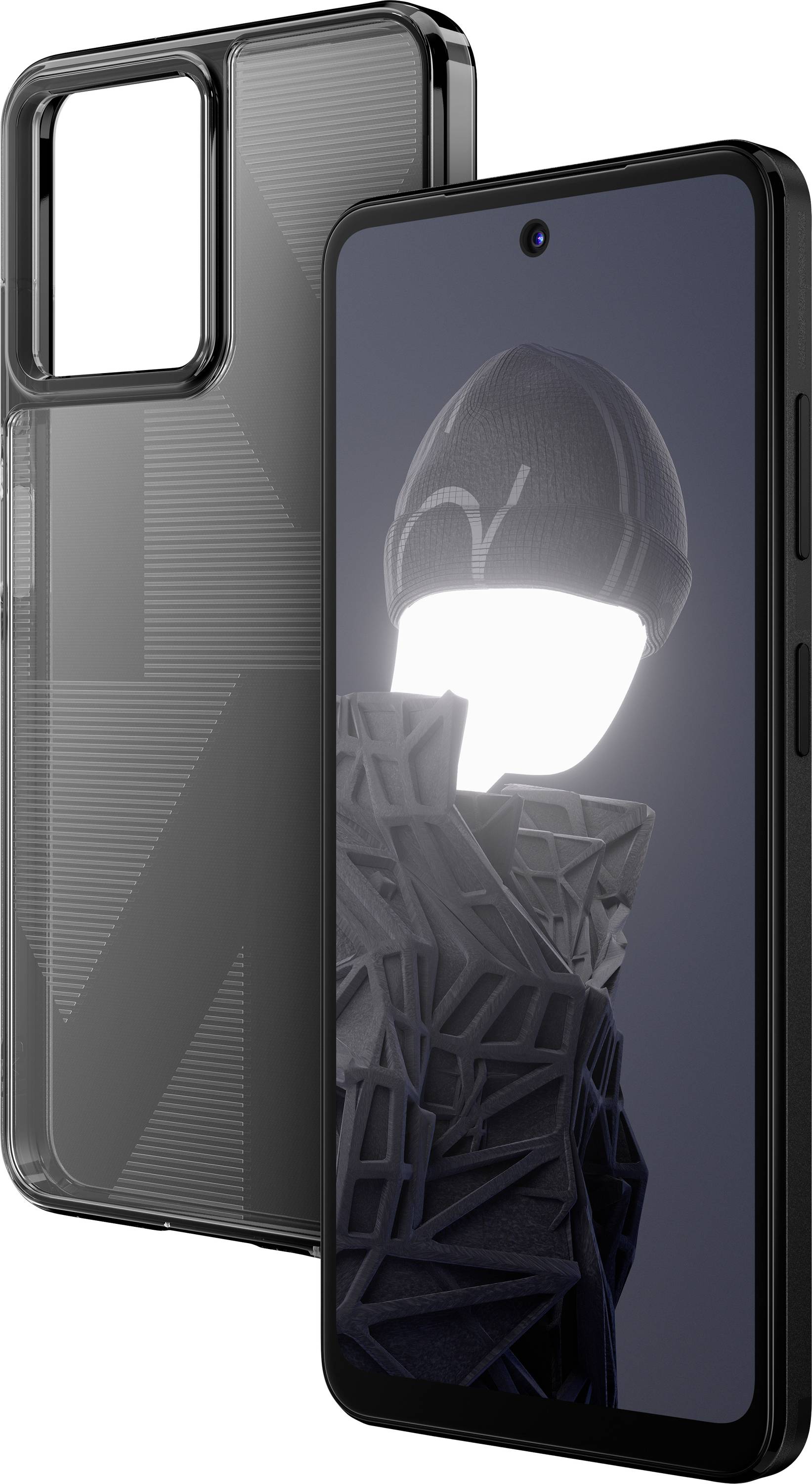 Un smartphone avec un écran lumineux montrant une silhouette vêtue de façon futuriste est placé devant un étui transparent.