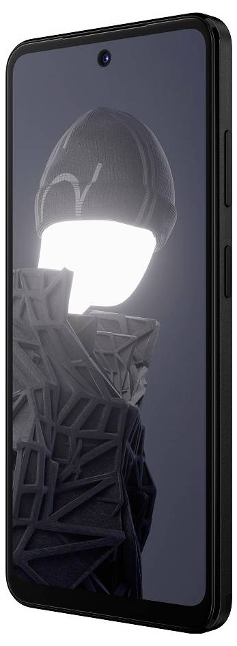Un smartphone sombre et moderne affiche un visage futuriste et lumineux dans un ensemble numérique abstrait.