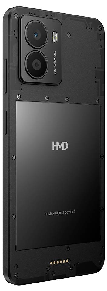 Vue arrière d'un smartphone avec deux caméras et le logo HMD.