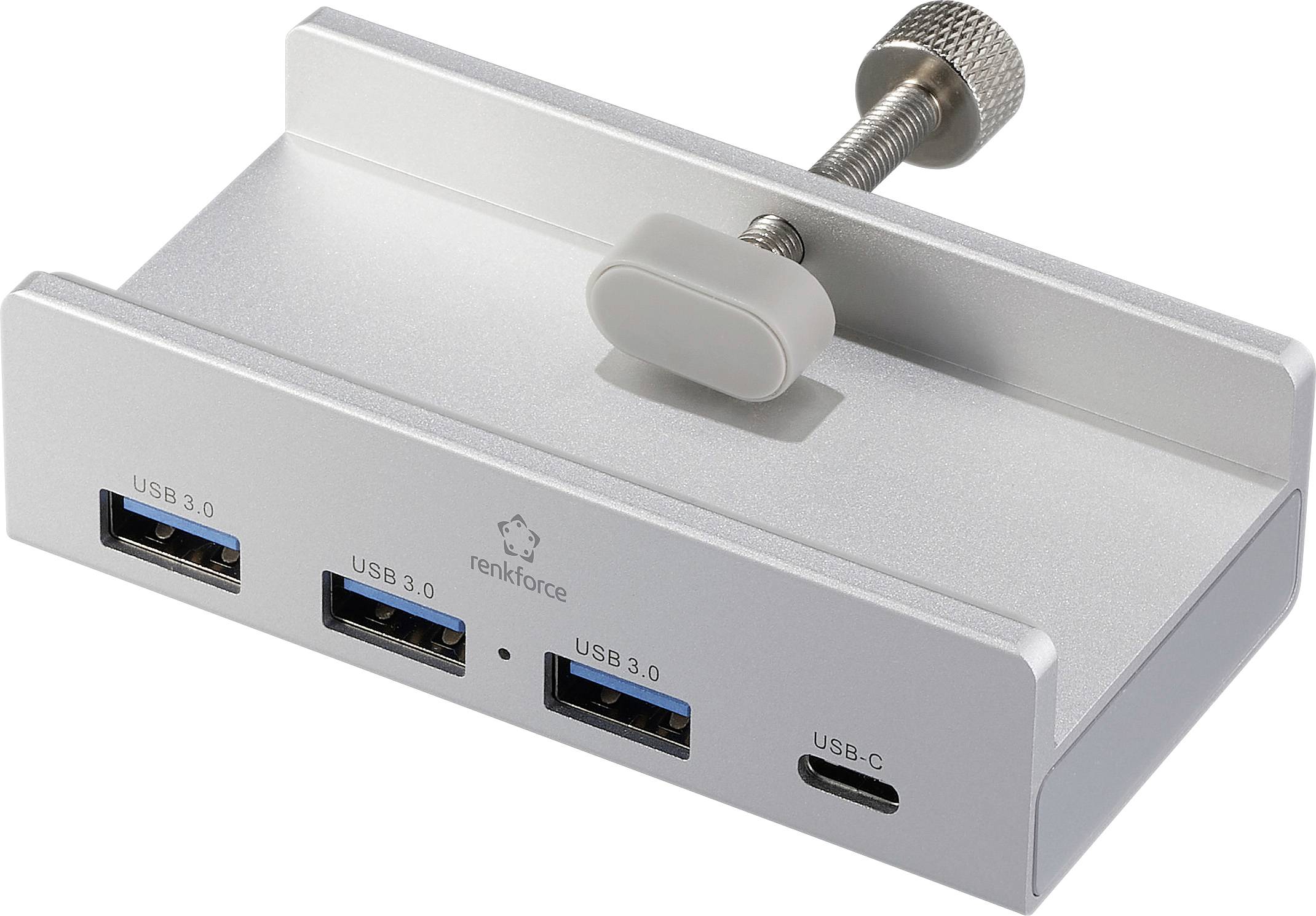 Support USB en métal avec deux ports USB 3.0 et un port USB-C, adapté pour une fixation sur le bord d'une table.