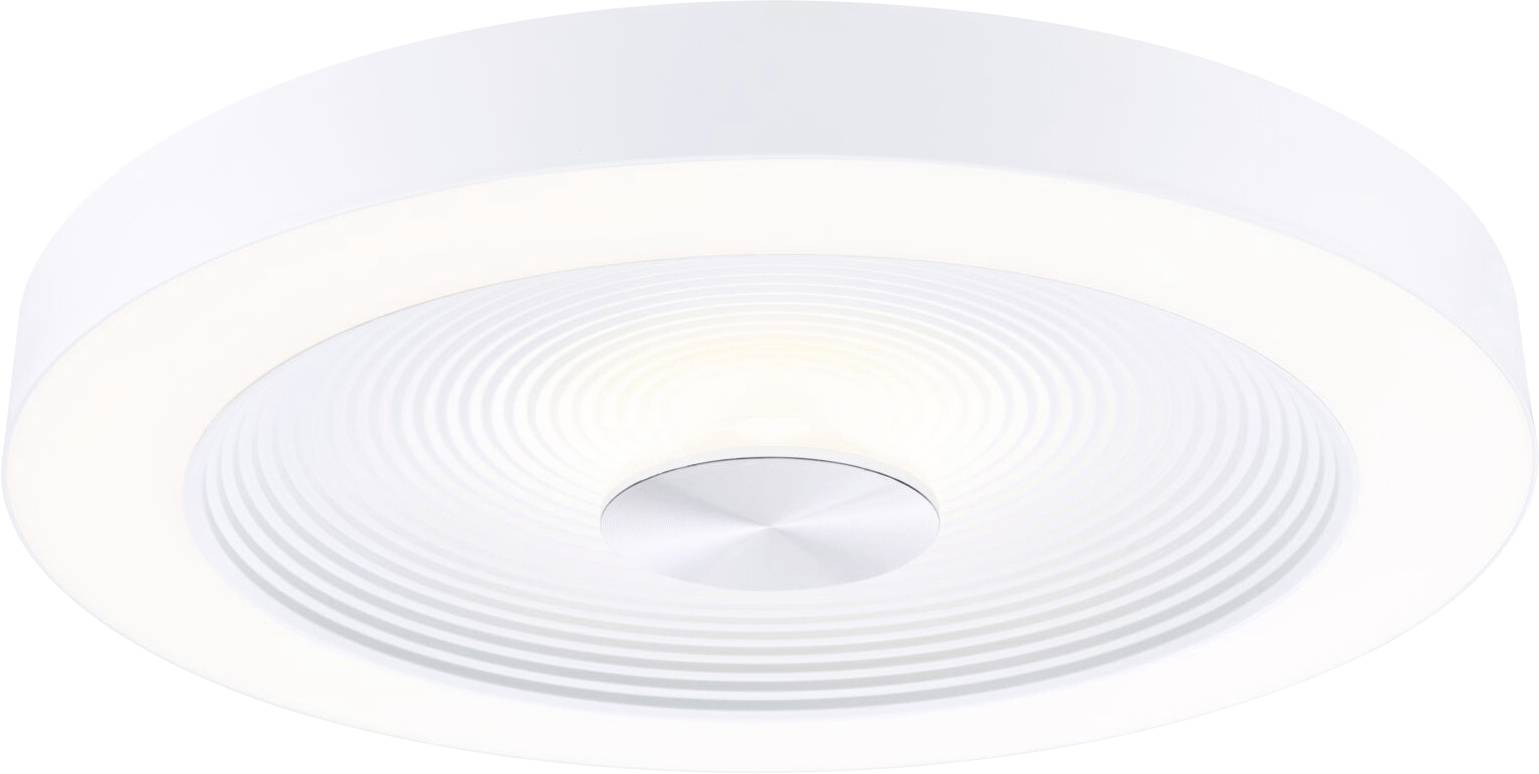 Plafonnier circulaire blanc avec surface texturée et accent métallique central ; design moderne pour intérieurs.