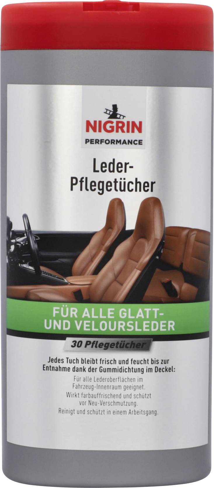 Lingettes d'entretien pour cuir NIGRIN, lot de 30 : Pour l'entretien du cuir lisse et nubuck, protège contre l'usure, avec ouverture de distribution sur le couvercle.