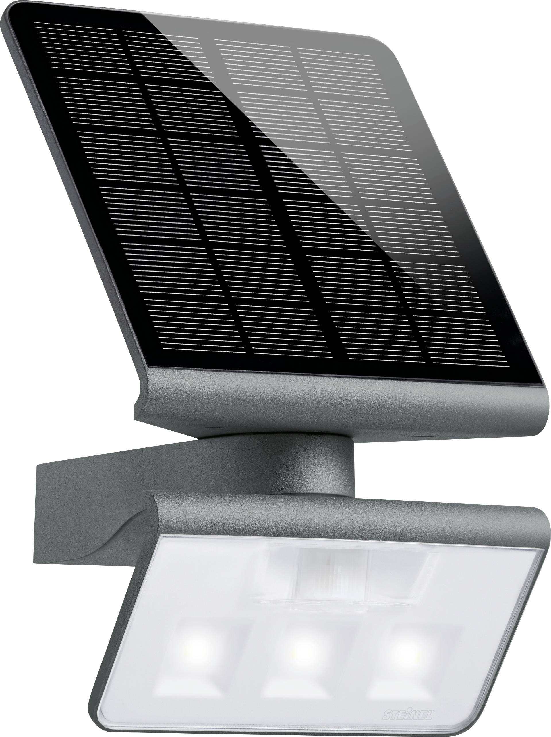 Lampe solaire murale avec panneau solaire en haut et lampes LED en bas, adaptée pour une utilisation extérieure.