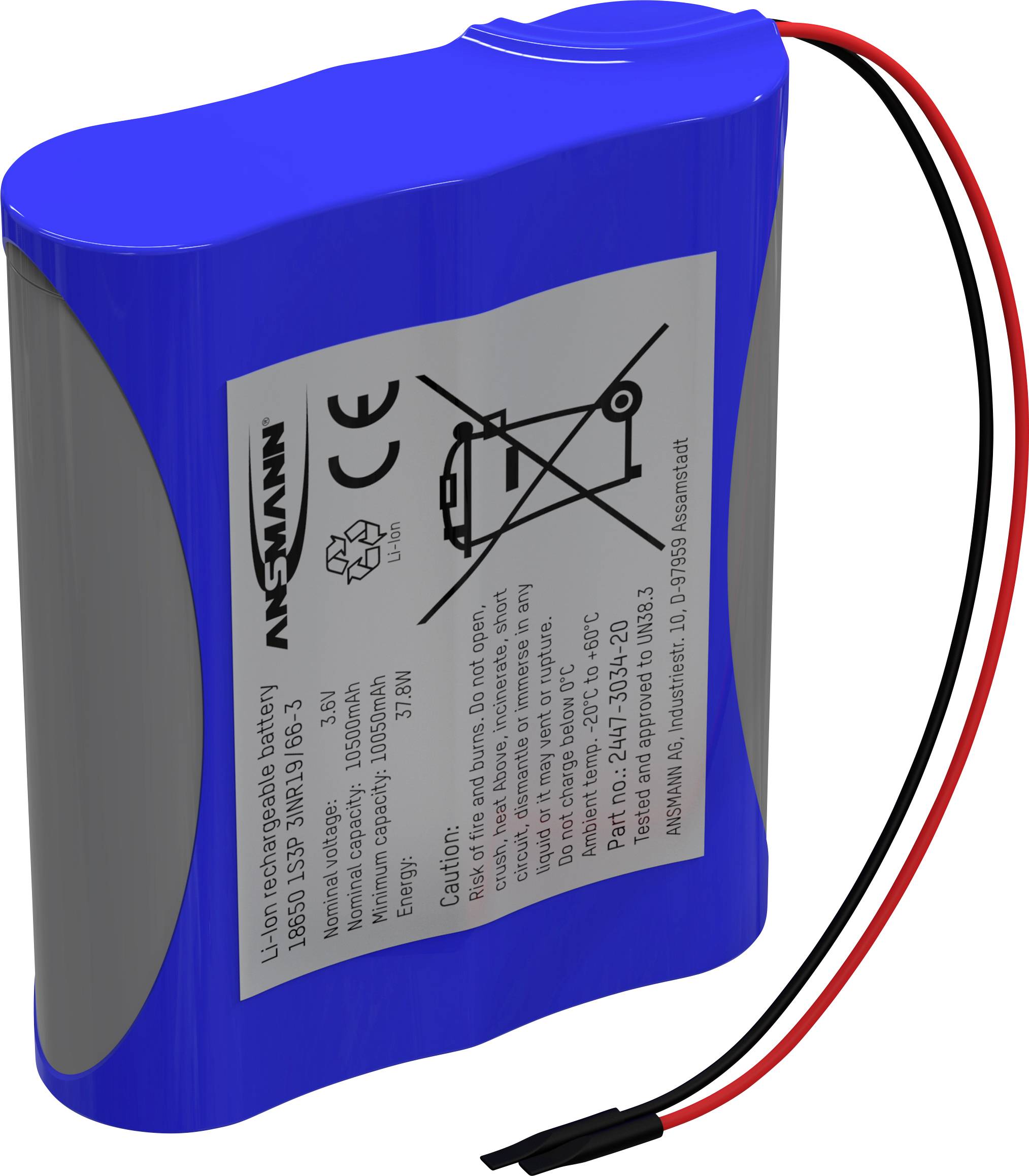 Ansmann 1S3P Pack de piles rechargeables 3x 18650 avec câble Li-Ion 3.6 V 10500 mAh