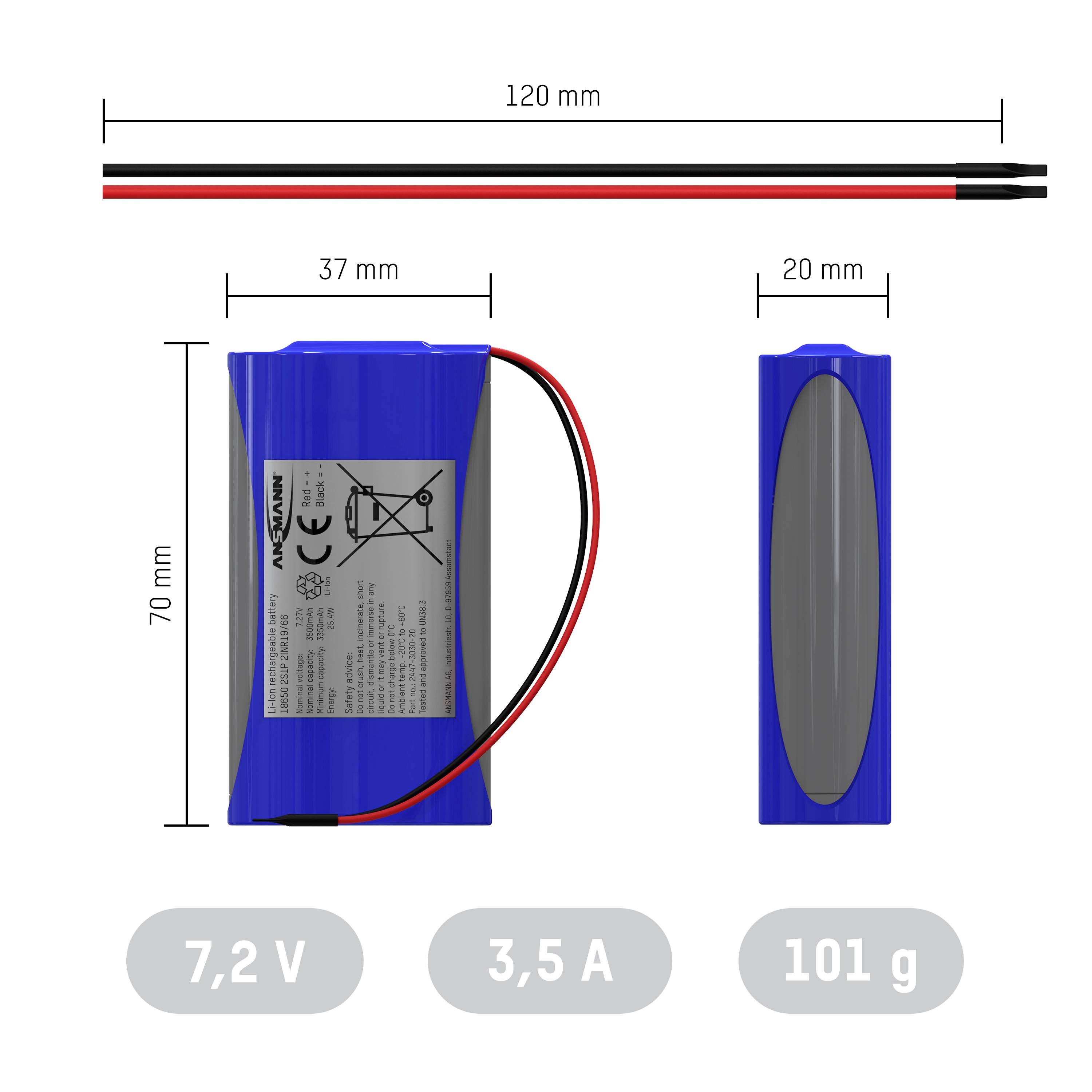 Ansmann 2S1P Pack de piles rechargeables 2x 18650 avec câble Li-Ion 7.2 V 3500 mAh