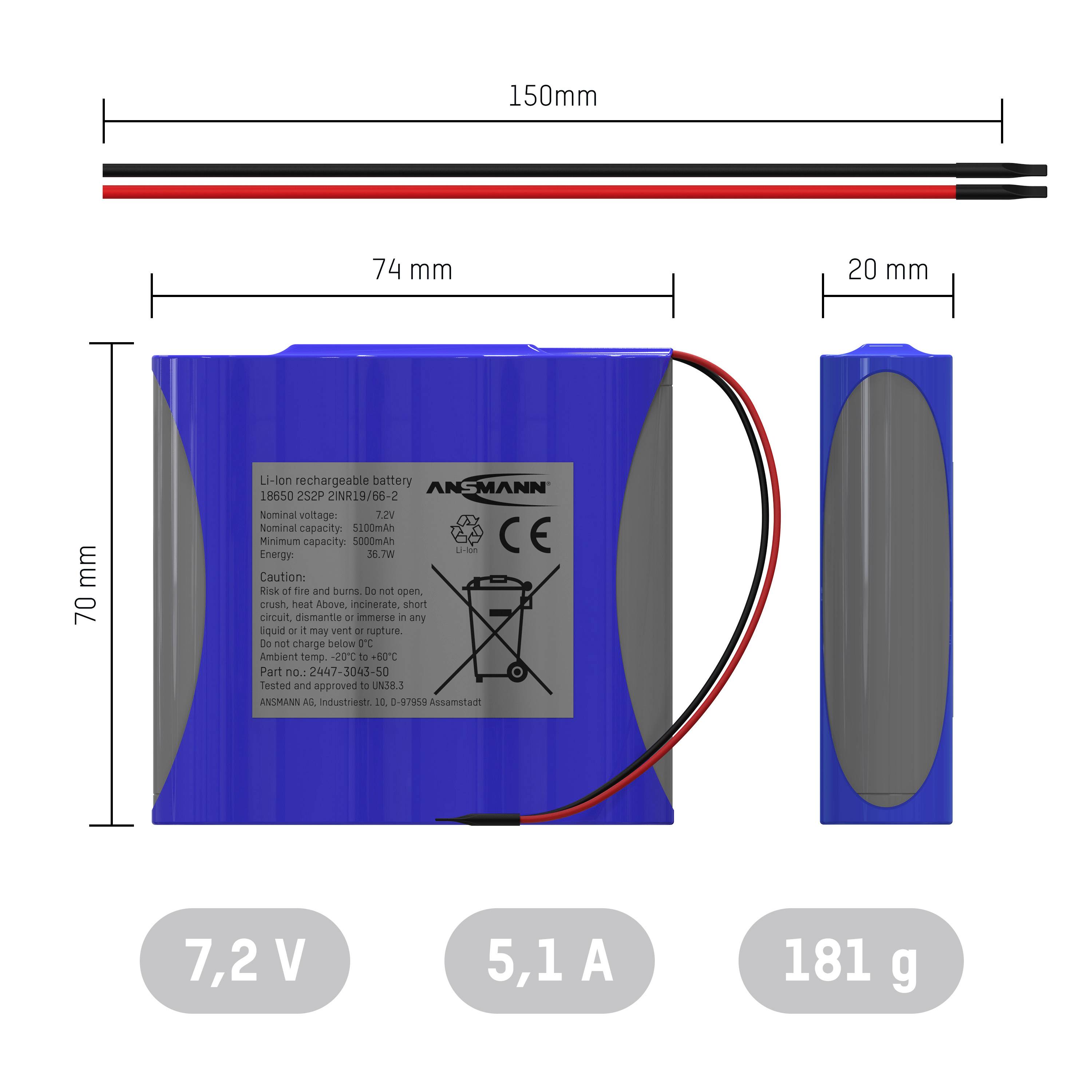 Ansmann 2S2P Pack de piles rechargeables 4x 18650 avec câble Li-Ion 7.2 V 5100 mAh
