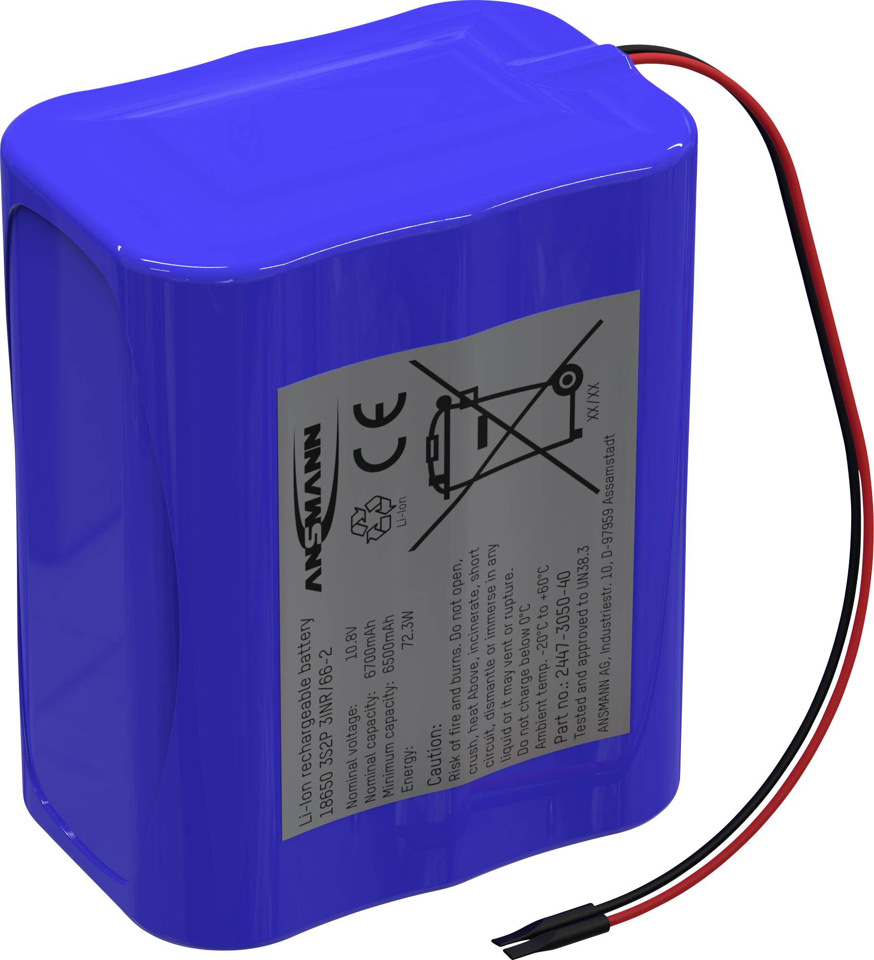 Batterie lithium-ion bleue avec marquage CE et symboles d'avertissement. Contient un câble noir et un câble rouge pour la connexion.