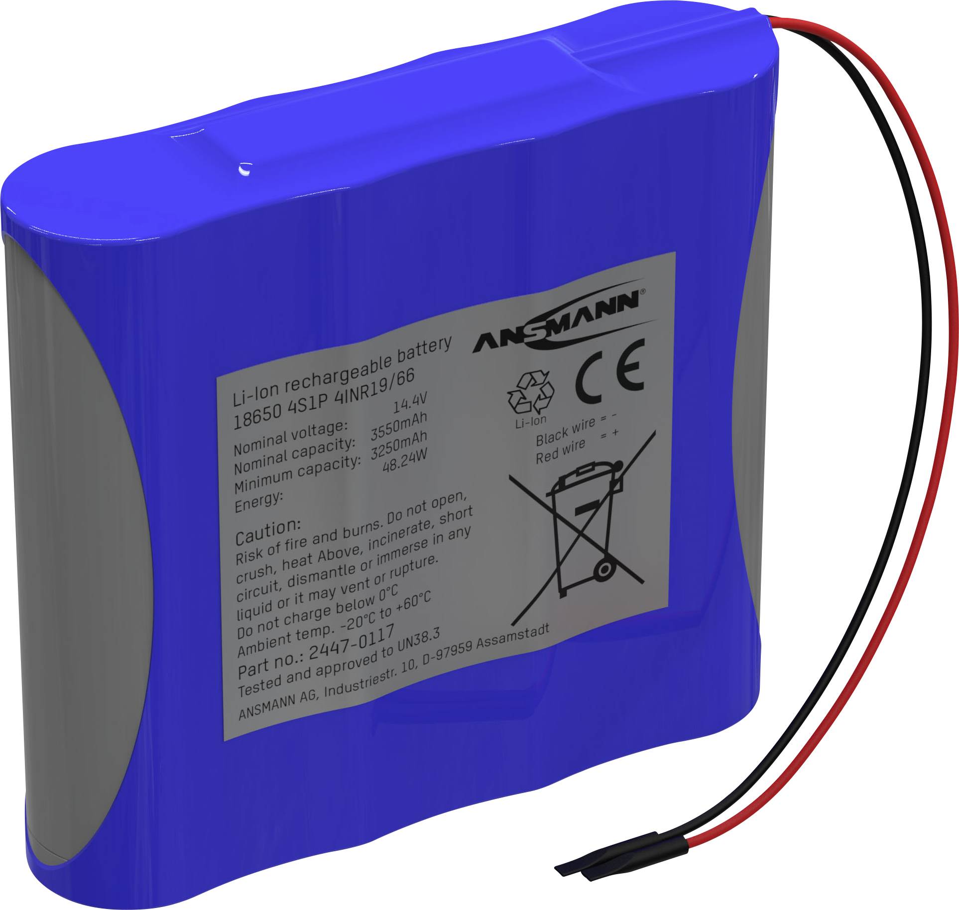 Ansmann 4S1P Pack de piles rechargeables 4x 18650 avec câble Li-Ion 14.4 V 3350 mAh